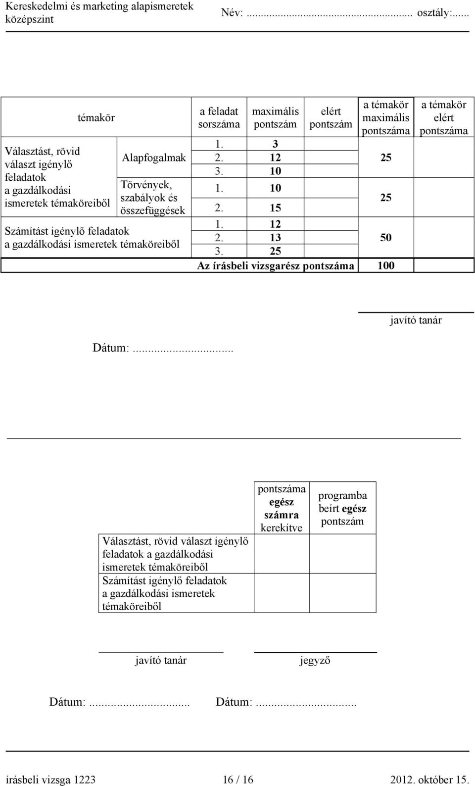 25 Az írásbeli vizsgarész pontszáma 100 a témakör elért pontszáma javító tanár Dátum:.