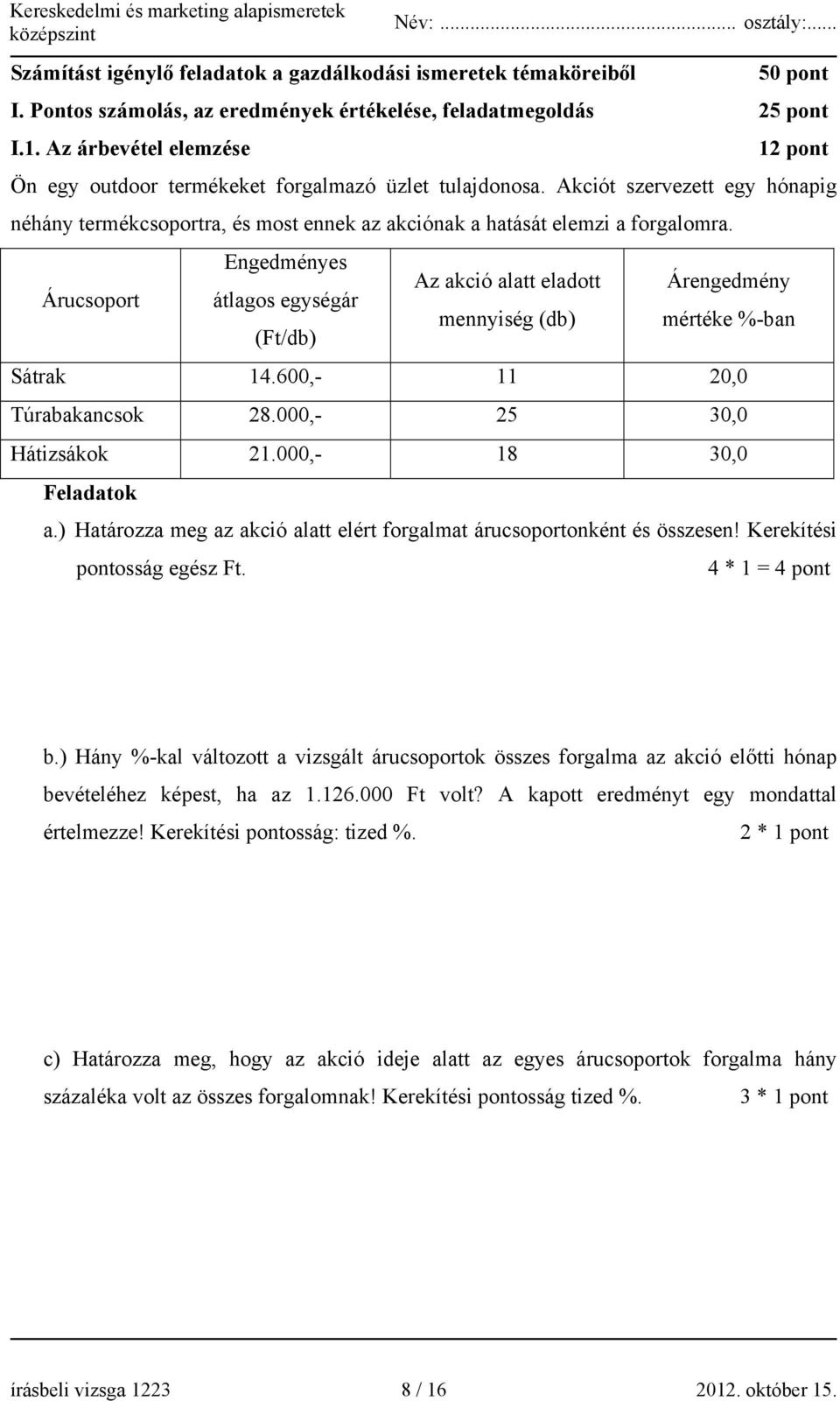 Árucsoport Engedményes Az akció alatt eladott Árengedmény átlagos egységár mennyiség (db) mértéke %-ban (Ft/db) Sátrak 14.600,- 11 20,0 Túrabakancsok 28.000,- 25 30,0 Hátizsákok 21.