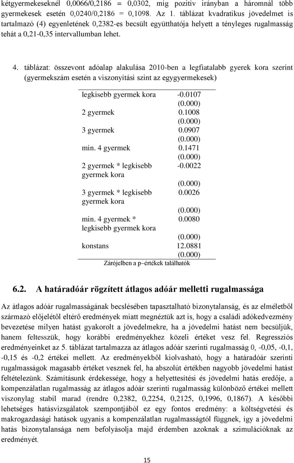 táblázat: összevont adóalap alakulása 2010-ben a legfiatalabb gyerek kora szerint (gyermekszám esetén a viszonyítási szint az egygyermekesek) legkisebb gyermek kora -0.0107 2 gyermek 0.
