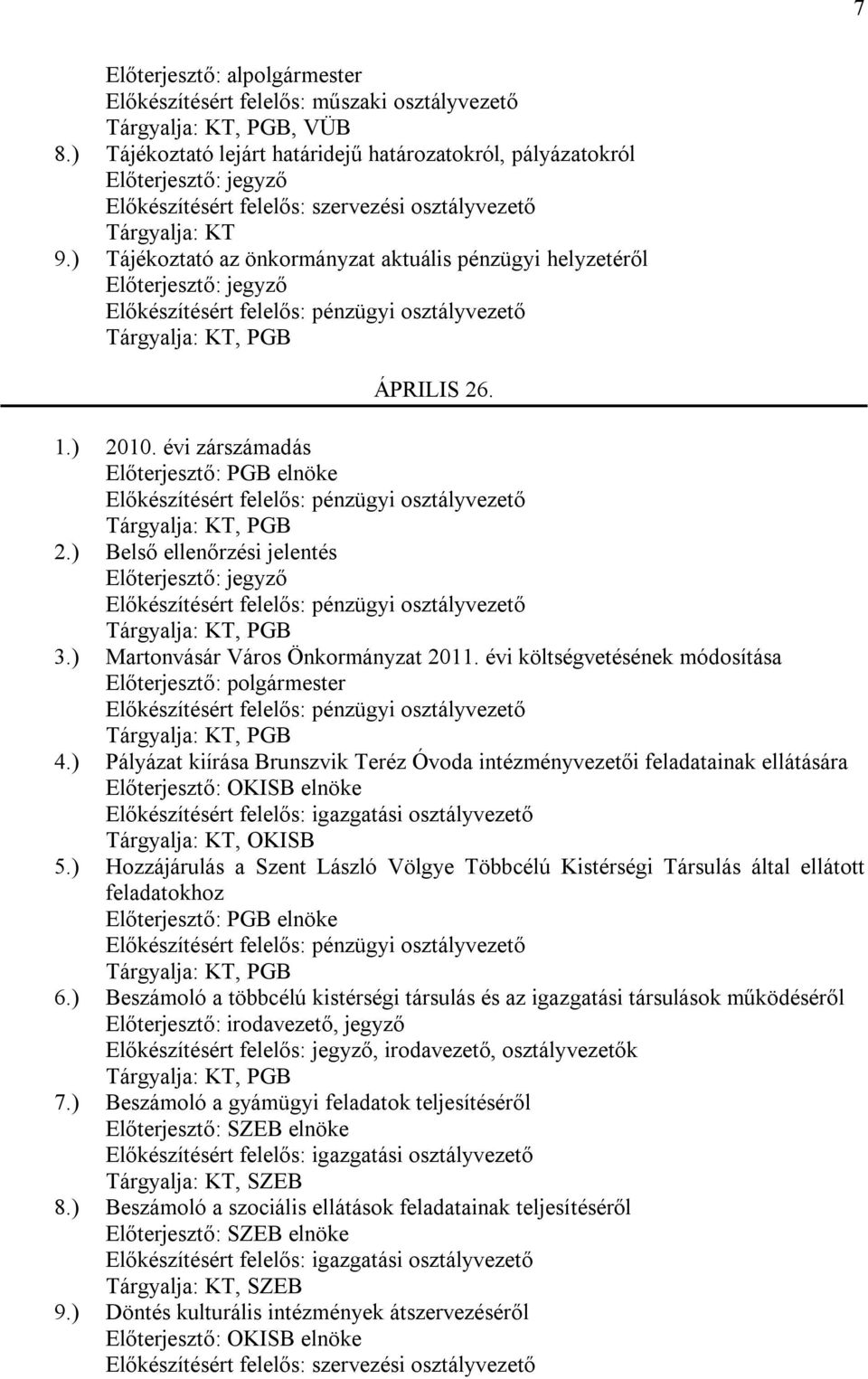 ) Tájékoztató az önkormányzat aktuális pénzügyi helyzetéről Előterjesztő: jegyző Előkészítésért felelős: pénzügyi osztályvezető Tárgyalja: KT, PGB ÁPRILIS 26. 1.) 2010.
