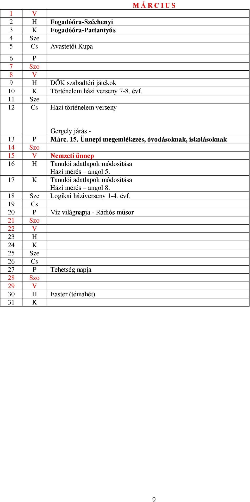 Ünnepi megemlékezés, óvodásoknak, iskolásoknak 14 Szo 15 V Nemzeti ünnep 16 H Tanulói adatlapok módosítása Házi mérés angol 5.