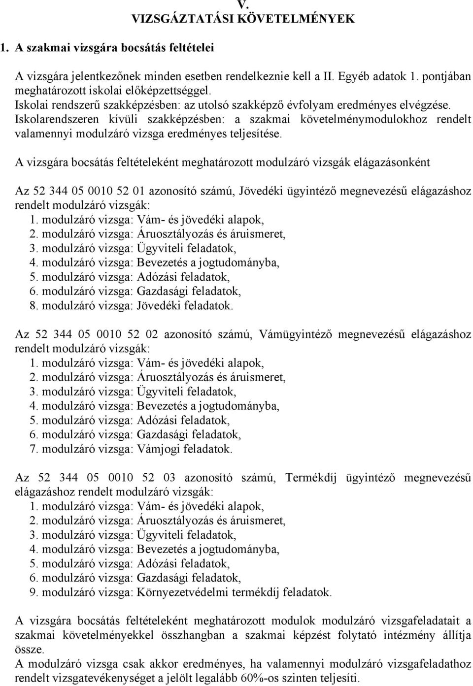 Iskolarendszeren kívüli szakképzésben: a szakmai követelménymodulokhoz rendelt valamennyi modulzáró vizsga eredményes teljesítése.