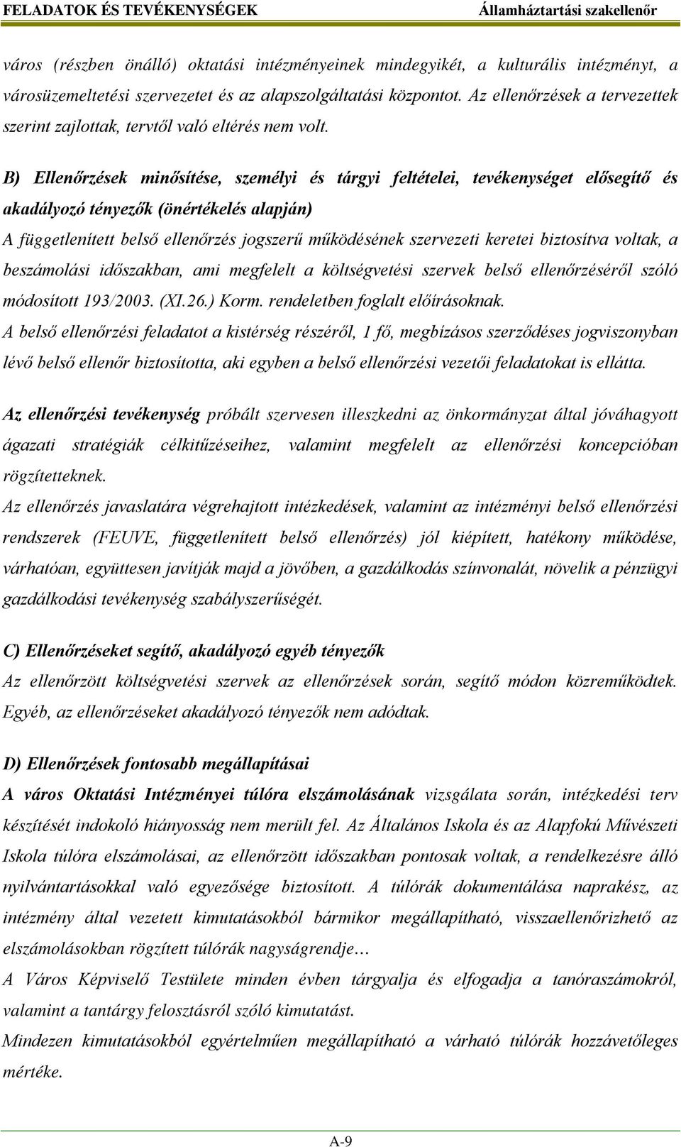 B) Ellenőrzések minősítése, személyi és tárgyi feltételei, tevékenységet elősegítő és akadályozó tényezők (önértékelés alapján) A függetlenített belső ellenőrzés jogszerű működésének szervezeti