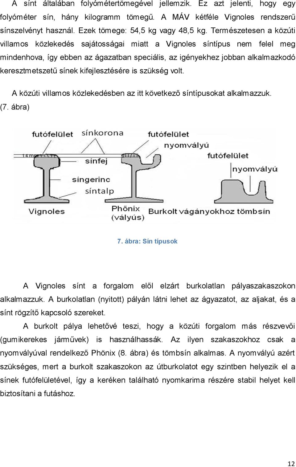 Természetesen a közúti villamos közlekedés sajátosságai miatt a Vignoles síntípus nem felel meg mindenhova, így ebben az ágazatban speciális, az igényekhez jobban alkalmazkodó keresztmetszetű sínek