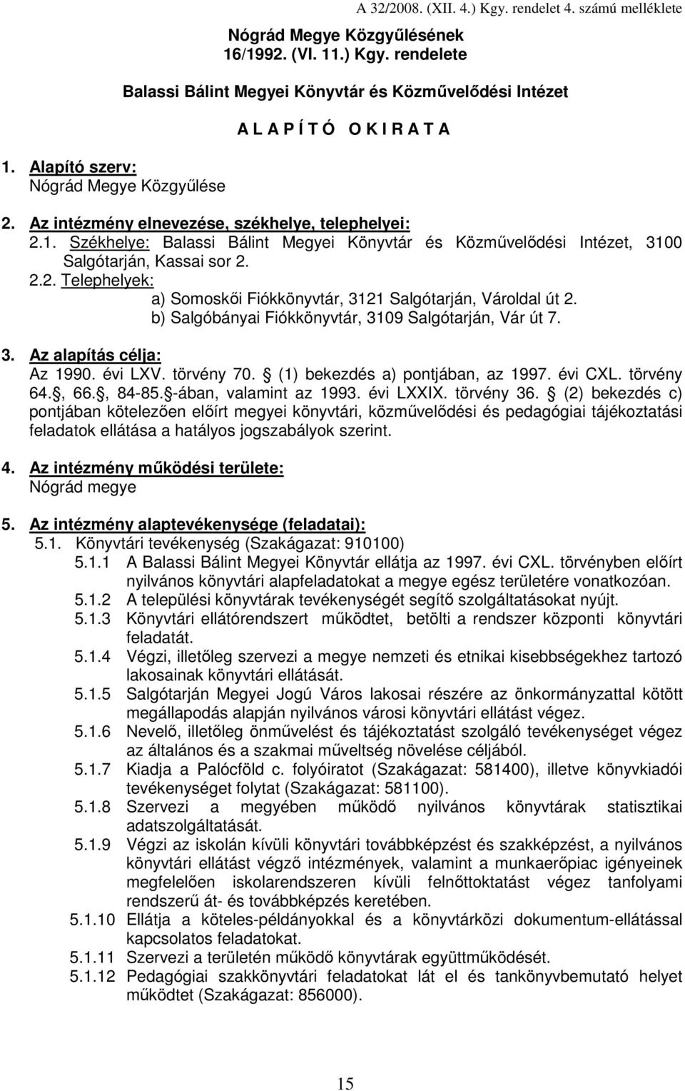 Székhelye: Balassi Bálint Megyei Könyvtár és Közmővelıdési Intézet, 3100 Salgótarján, Kassai sor 2. 2.2. Telephelyek: a) Somoskıi Fiókkönyvtár, 3121 Salgótarján, Vároldal út 2.