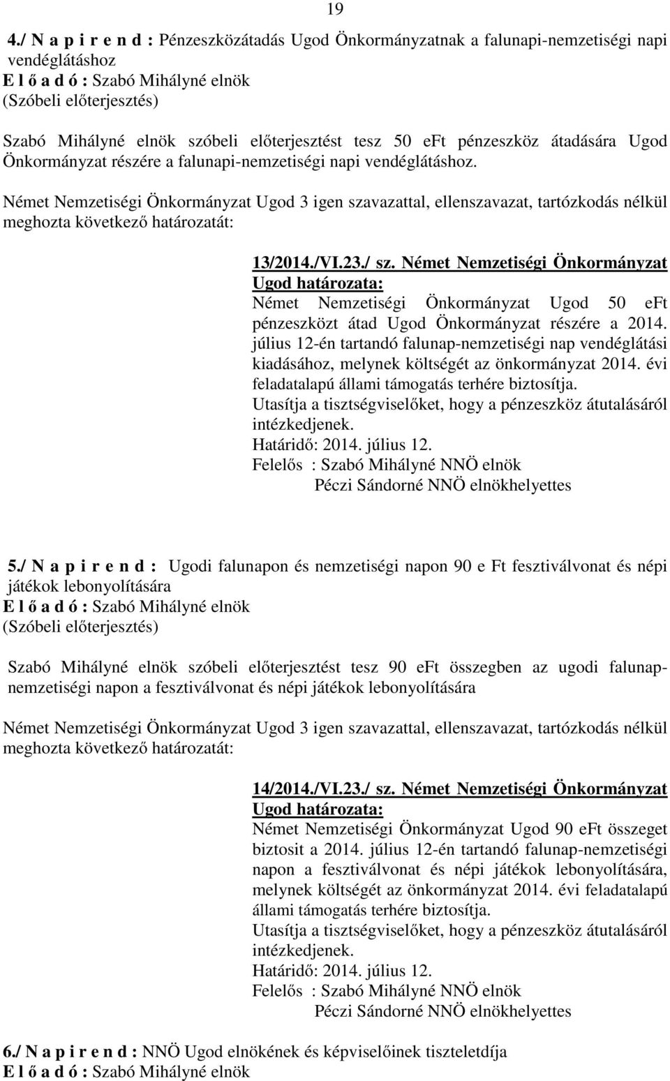 Német Nemzetiségi Önkormányzat Német Nemzetiségi Önkormányzat Ugod 50 eft pénzeszközt átad Ugod Önkormányzat részére a 2014.