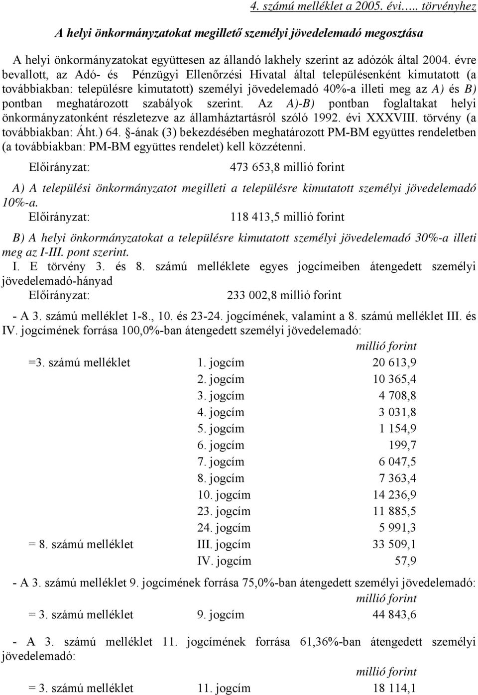 meghatározott szabályok szerint. Az A)-B) pontban foglaltakat helyi önkormányzatonként részletezve az államháztartásról szóló 1992. évi XXXVIII. törvény (a továbbiakban: Áht.) 64.