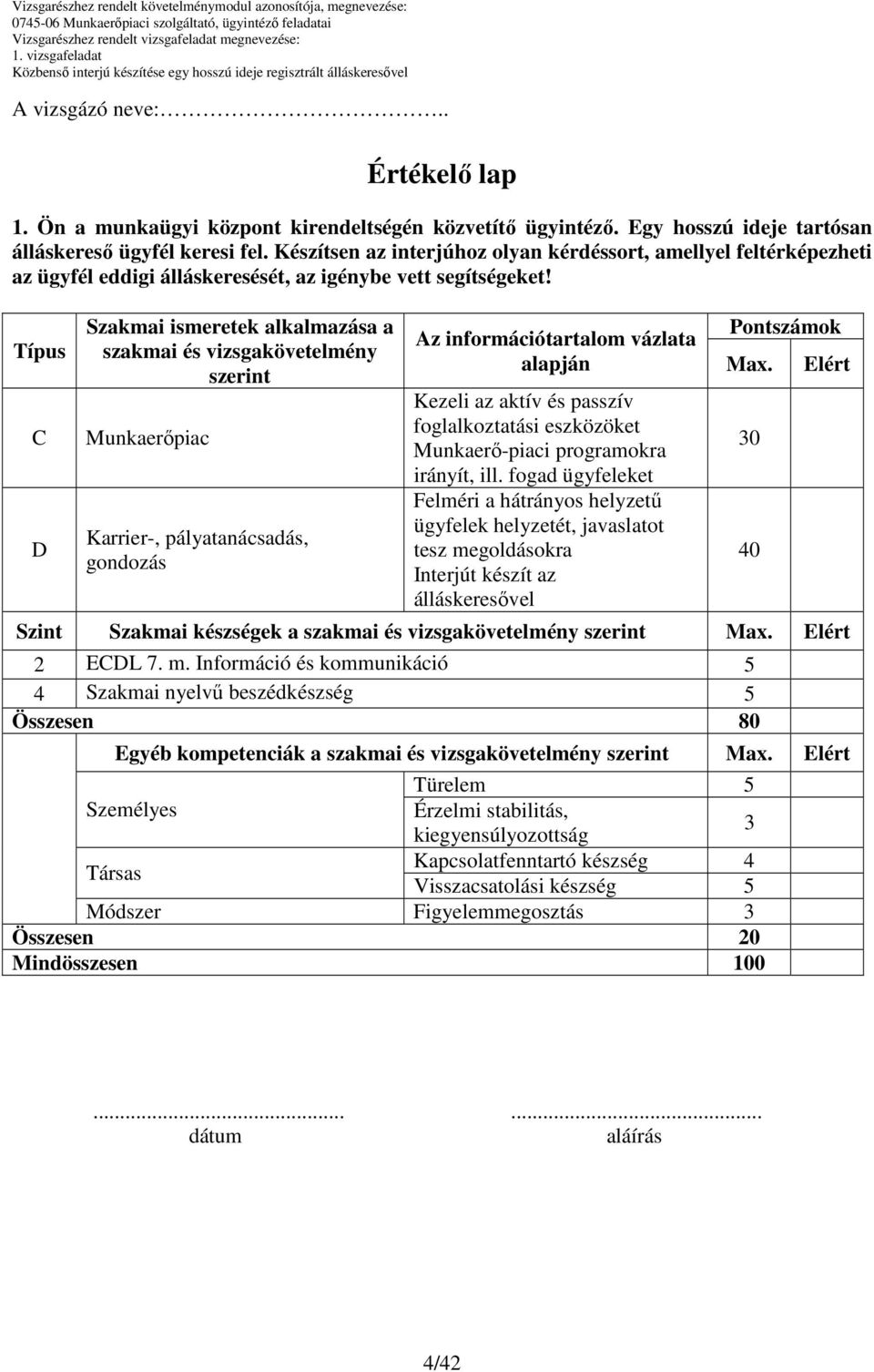 Típus C D Szakmai ismeretek alkalmazása a szakmai és vizsgakövetelmény szerint Munkaerıpiac Karrier-, pályatanácsadás, gondozás Az információtartalom vázlata alapján Kezeli az aktív és passzív