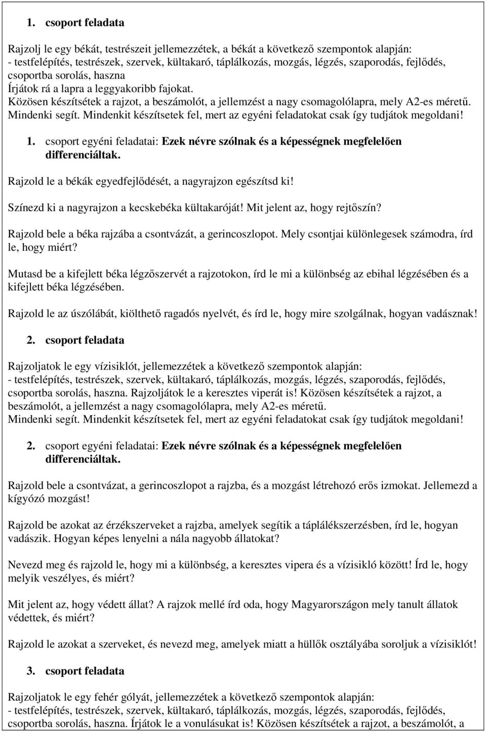 csoport egyéni feladatai: Ezek névre szólnak és a képességnek megfelelően Rajzold le a békák egyedfejlődését, a nagyrajzon egészítsd ki! Színezd ki a nagyrajzon a kecskebéka kültakaróját!