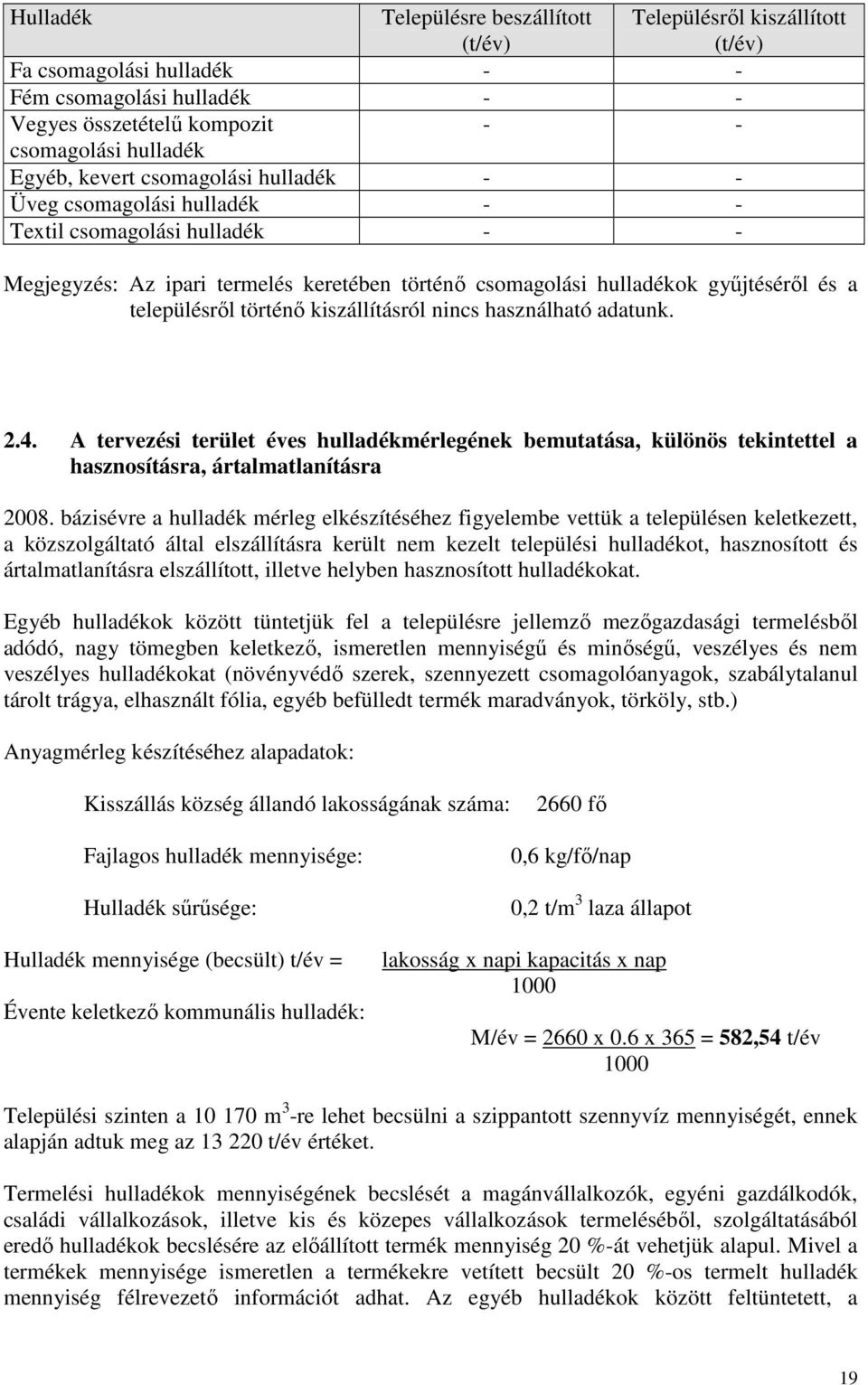 kiszállításról nincs használható adatunk. 2.4. A tervezési terület éves hulladékmérlegének bemutatása, különös tekintettel a hasznosításra, ártalmatlanításra 2008.