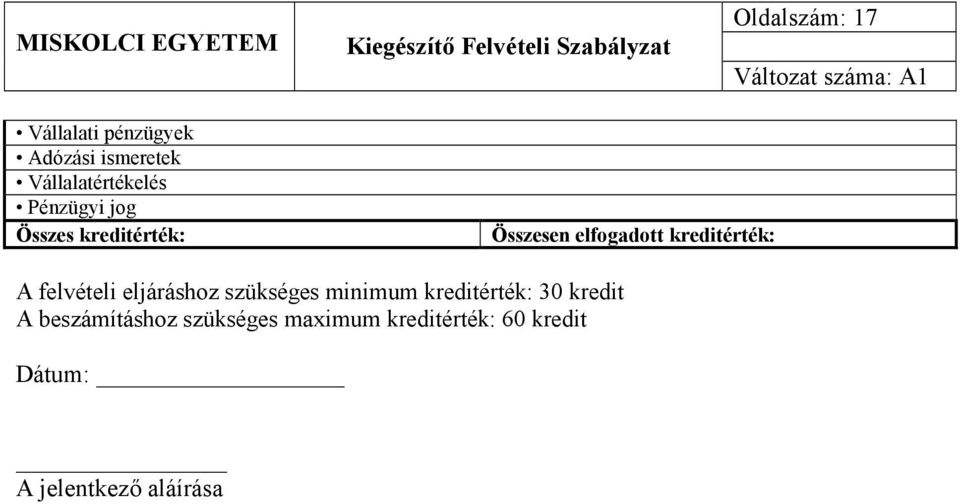 felvételi eljáráshoz szükséges minimum kreditérték: 30 kredit A