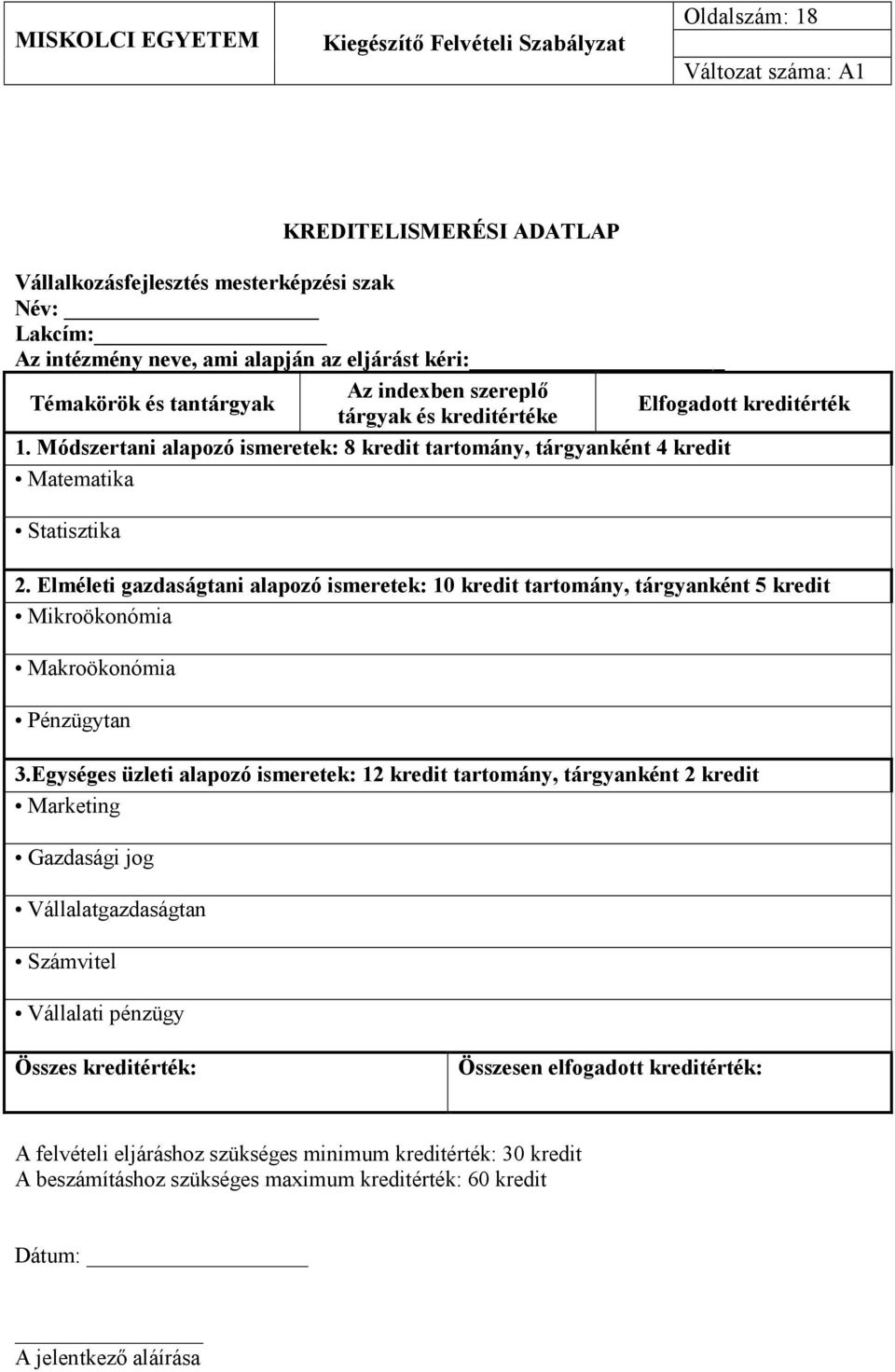 Elméleti gazdaságtani alapozó ismeretek: 10 kredit tartomány, tárgyanként 5 kredit Mikroökonómia Makroökonómia Pénzügytan 3.