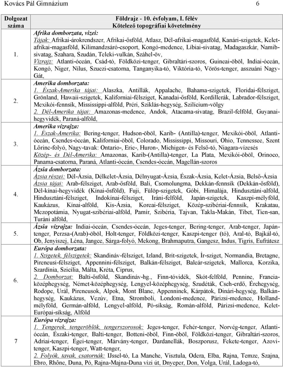 Kilimandzsáró-csoport, Kongó-medence, Líbiai-sivatag, Madagaszkár, Namibsivatag, Szahara, Szudán, Teleki-vulkán, Száhel-öv, Vízrajz: Atlanti-óceán, Csád-tó, Földközi-tenger, Gibraltári-szoros,