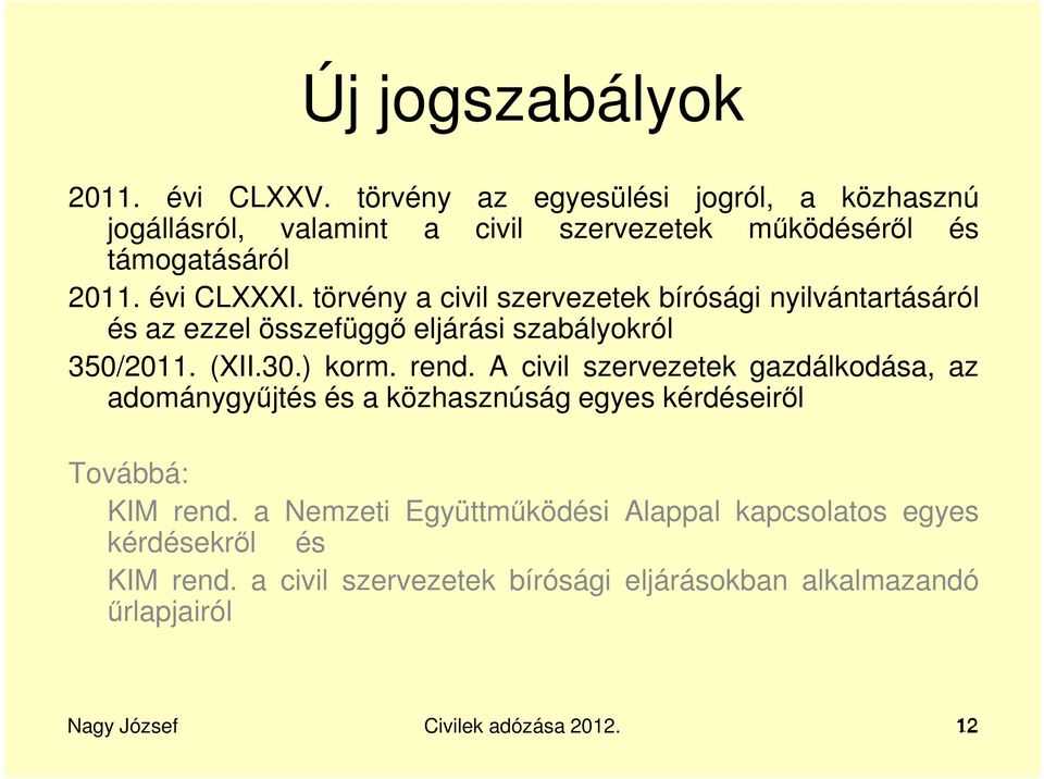 törvény a civil szervezetek bírósági nyilvántartásáról és az ezzel összefüggő eljárási szabályokról 350/2011. (XII.30.) korm. rend.