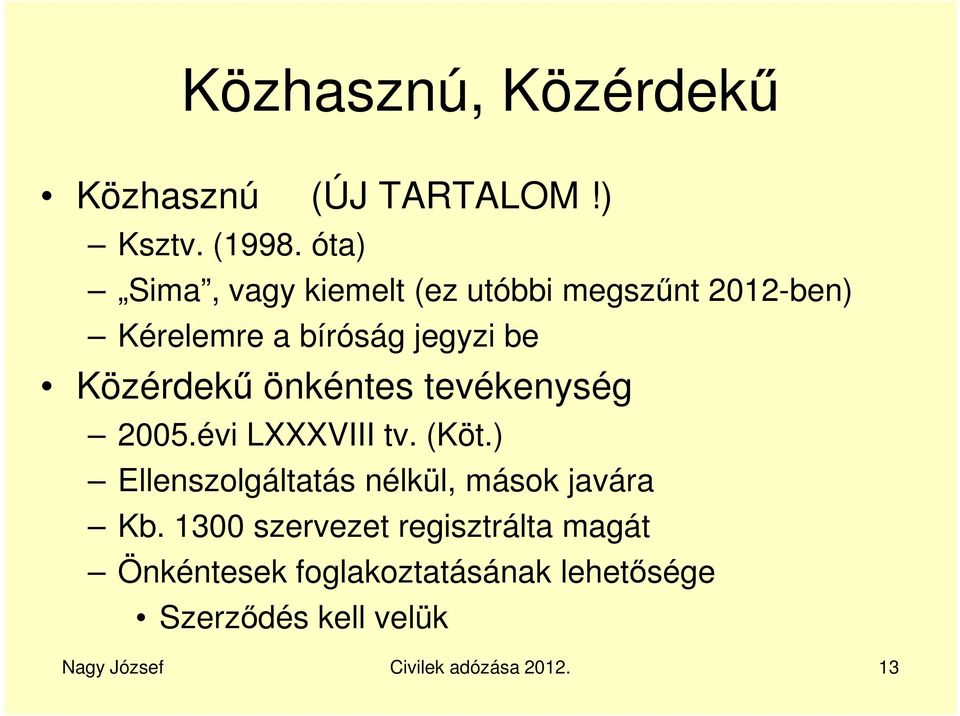 önkéntes tevékenység 2005.évi LXXXVIII tv. (Köt.) Ellenszolgáltatás nélkül, mások javára Kb.