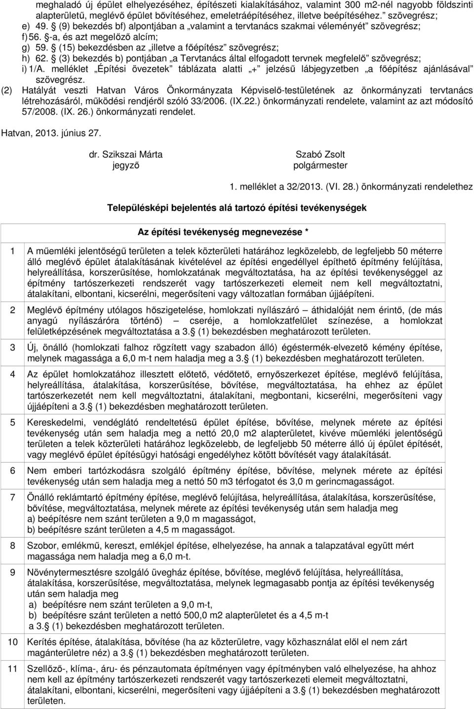 (15) bekezdésben az illetve a főépítész szövegrész; h) 62. (3) bekezdés b) pontjában a Tervtanács által elfogadott tervnek megfelelő szövegrész; i) 1/A.