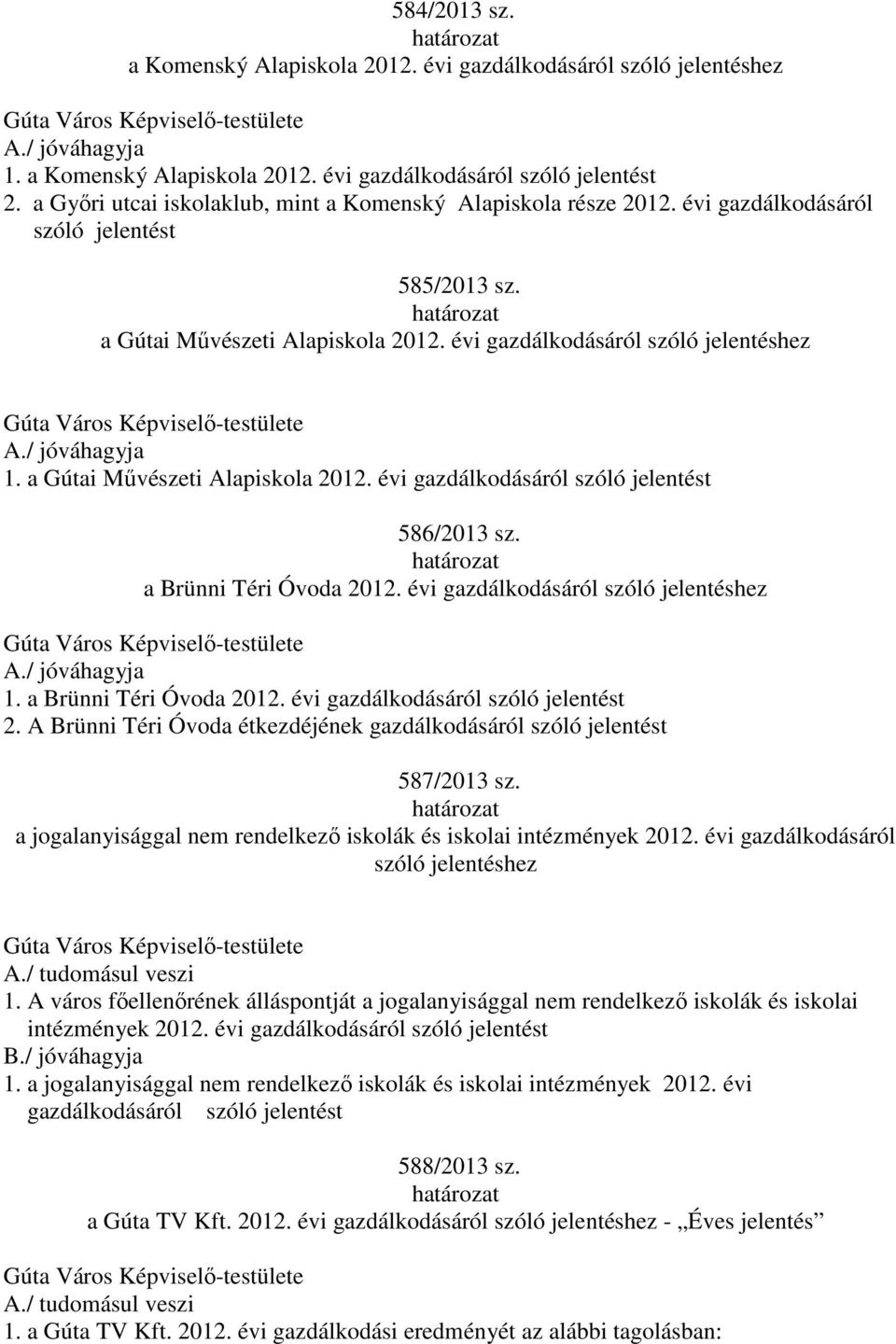 a Gútai Művészeti Alapiskola 2012. évi gazdálkodásáról szóló jelentést 586/2013 sz. a Brünni Téri Óvoda 2012. évi gazdálkodásáról szóló jelentéshez 1. a Brünni Téri Óvoda 2012. évi gazdálkodásáról szóló jelentést 2.