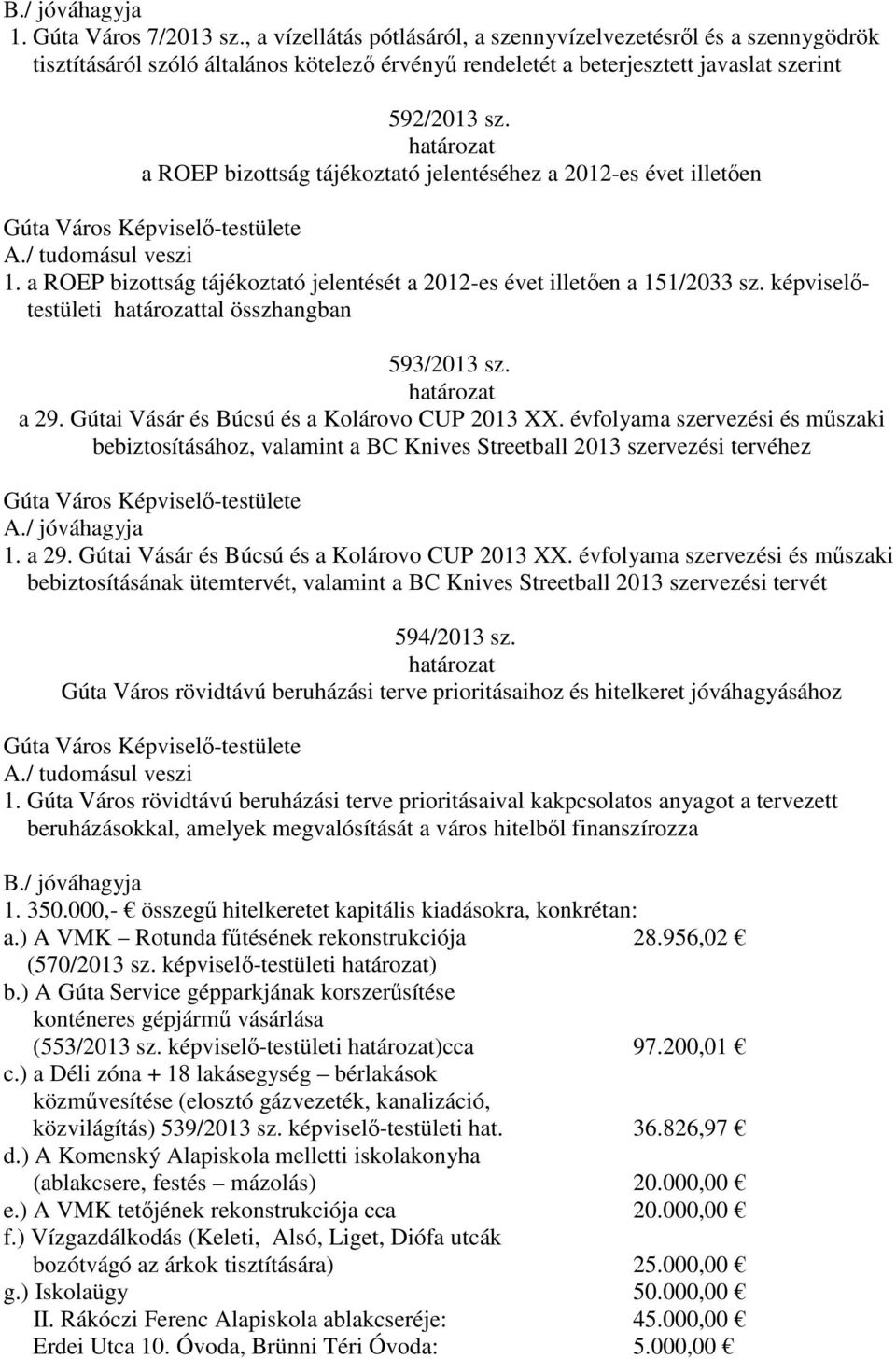 a 29. Gútai Vásár és Búcsú és a Kolárovo CUP 2013 XX. évfolyama szervezési és műszaki bebiztosításához, valamint a BC Knives Streetball 2013 szervezési tervéhez 1. a 29.
