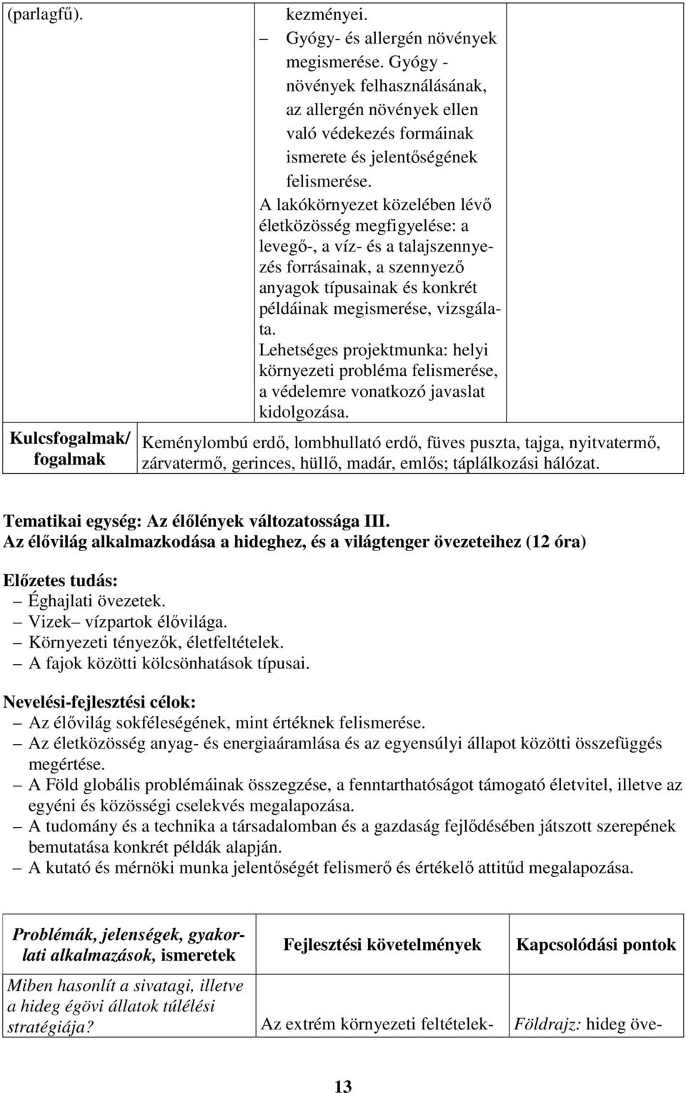 A lakókörnyezet közelében lévő életközösség megfigyelése: a levegő-, a víz- és a talajszennyezés forrásainak, a szennyező anyagok típusainak és konkrét példáinak megismerése, vizsgálata.