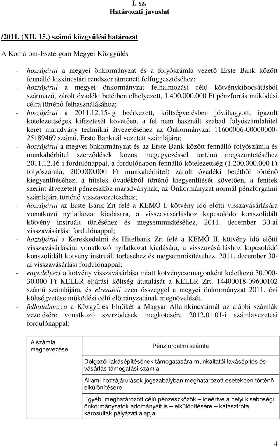 felfüggesztéséhez; - hozzájárul a megyei önkormányzat felhalmozási célú kötvénykibocsátásból származó, zárolt óvadéki betétben elhelyezett, 1.400.000.