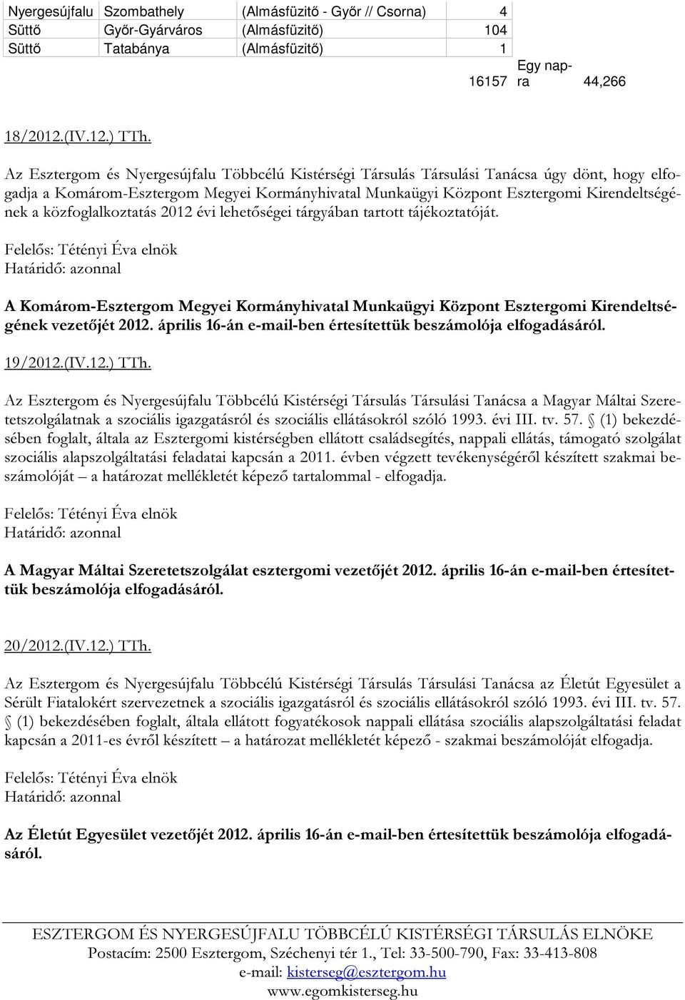 közfoglalkoztatás 2012 évi lehetőségei tárgyában tartott tájékoztatóját. A Komárom-Esztergom Megyei Kormányhivatal Munkaügyi Központ Esztergomi Kirendeltségének vezetőjét 2012.