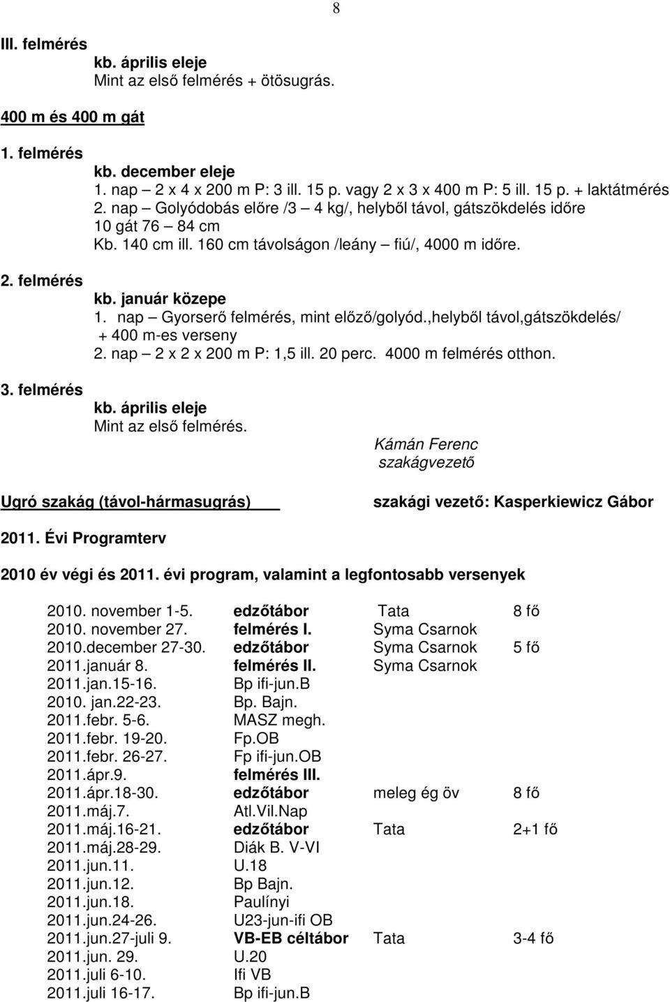 nap Gyorserő felmérés, mint előző/golyód.,helyből távol,gátszökdelés/ + 400 m-es verseny 2. nap 2 x 2 x 200 m P: 1,5 ill. 20 perc. 4000 m felmérés otthon. 3. felmérés kb.