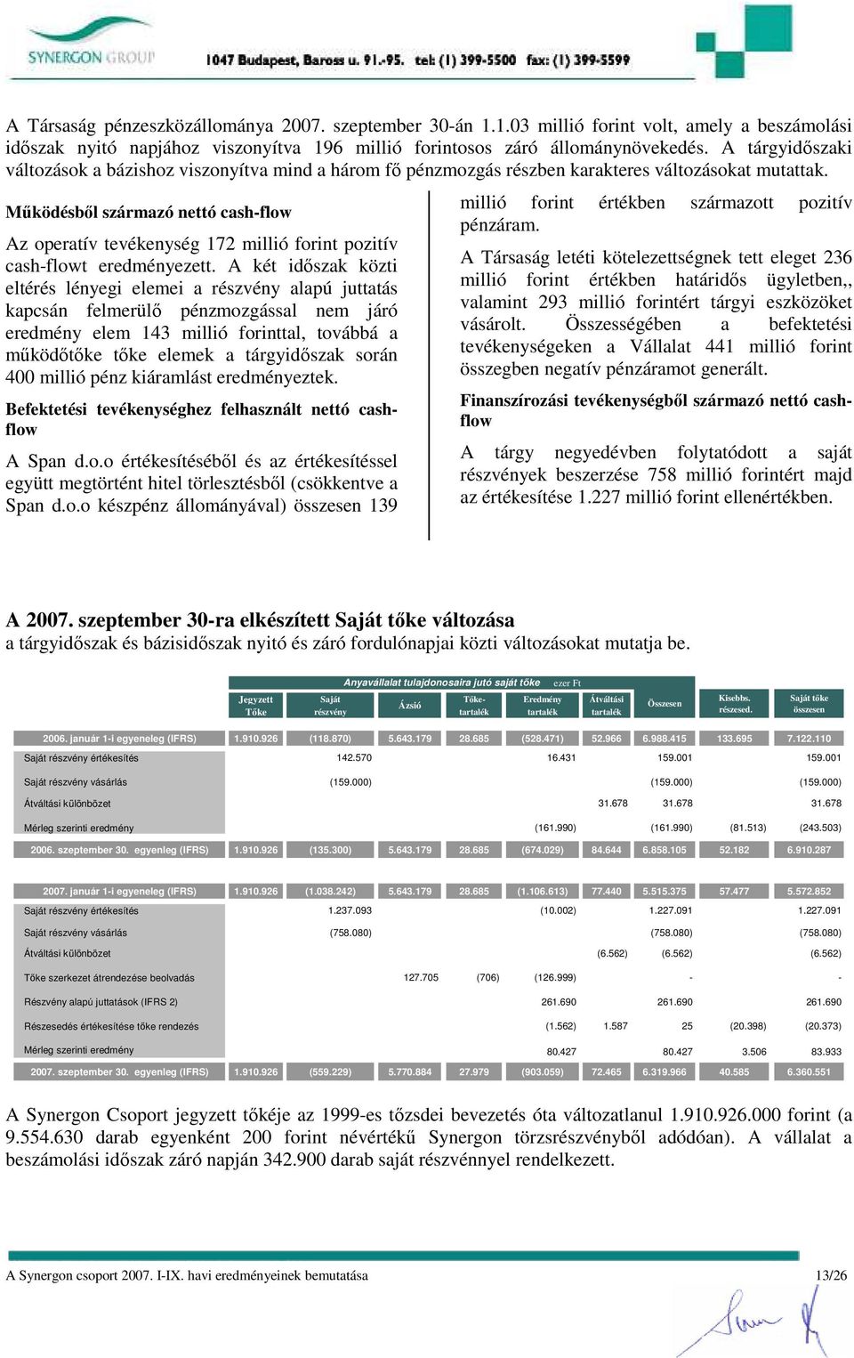 Mőködésbıl származó nettó cash-flow Az operatív tevékenység 172 millió forint pozitív cash-flowt eredményezett.