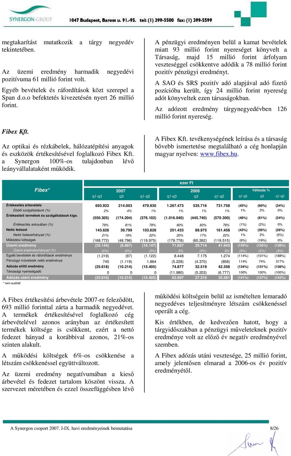 A pénzügyi eredményen belül a kamat bevételek miatt 93 millió forint nyereséget könyvelt a Társaság, majd 15 millió forint árfolyam veszteséggel csökkentve adódik a 78 millió forint pozitív pénzügyi