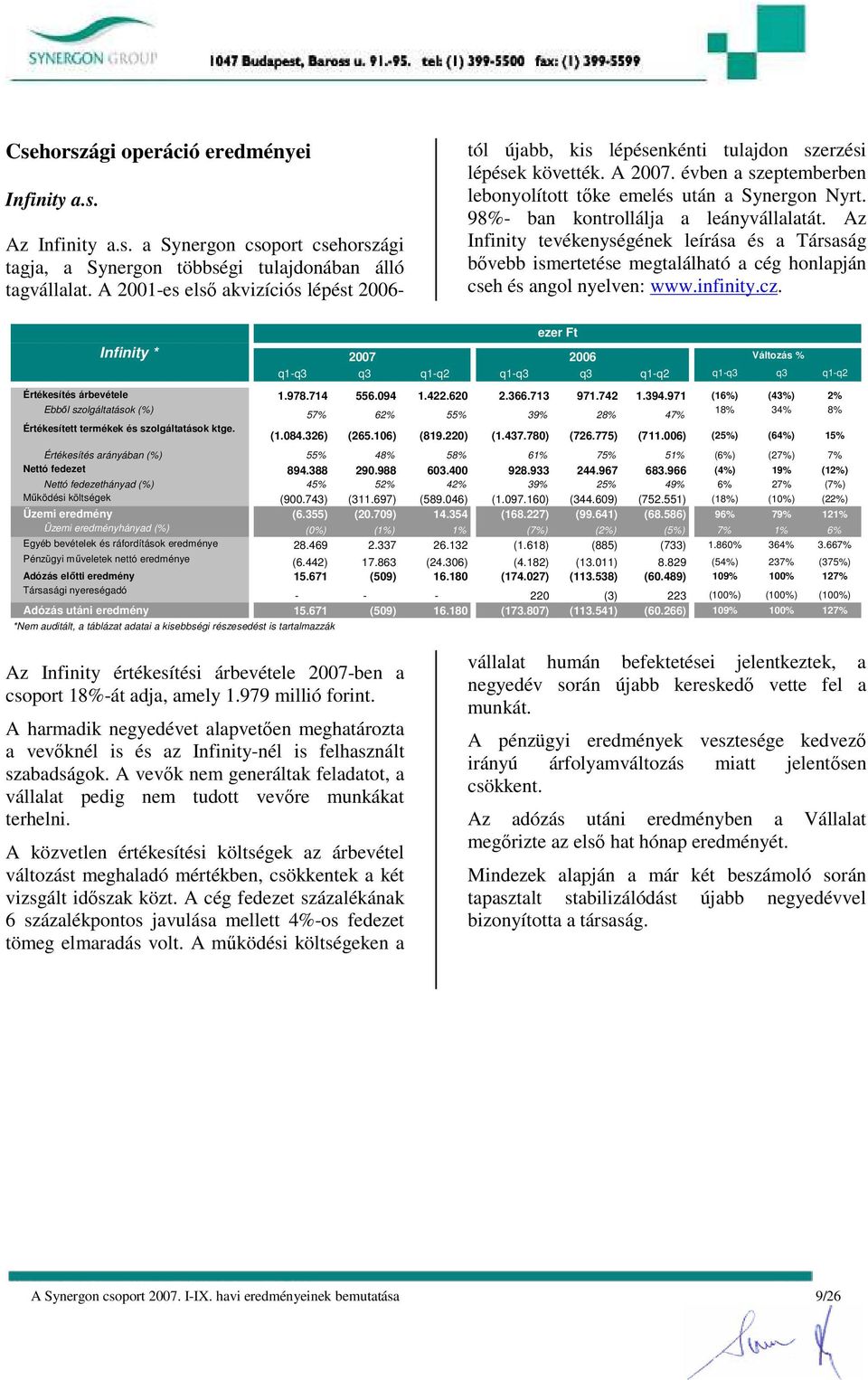 98%- ban kontrollálja a leányvállalatát. Az Infinity tevékenységének leírása és a Társaság bıvebb ismertetése megtalálható a cég honlapján cseh és angol nyelven: www.infinity.cz.
