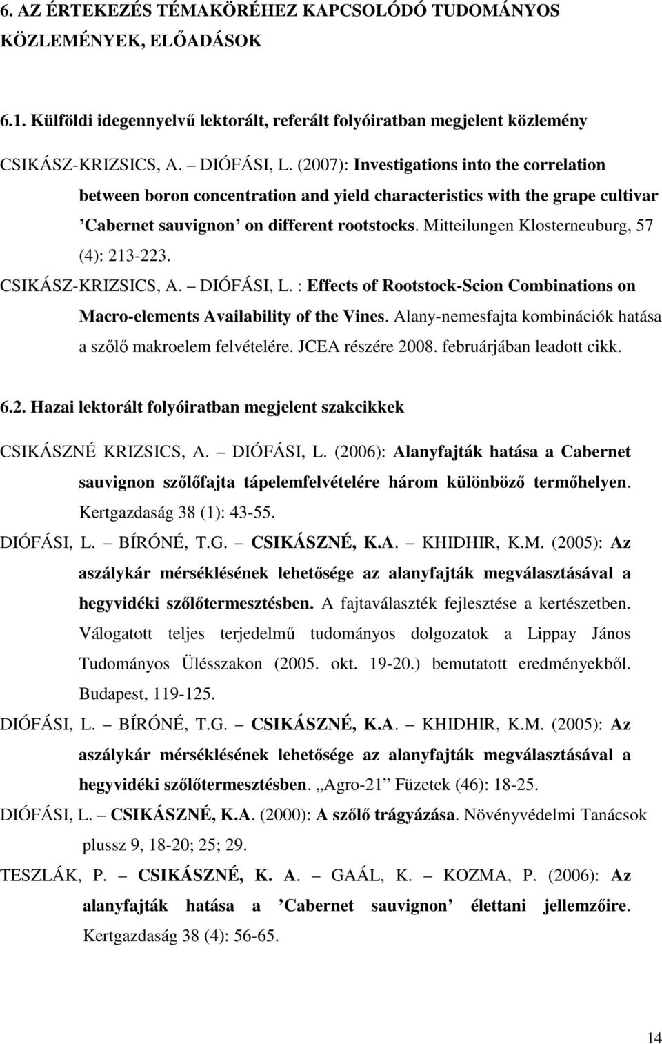Mitteilungen Klosterneuburg, 57 (4): 213-223. CSIKÁSZ-KRIZSICS, A. DIÓFÁSI, L. : Effects of Rootstock-Scion Combinations on Macro-elements Availability of the Vines.