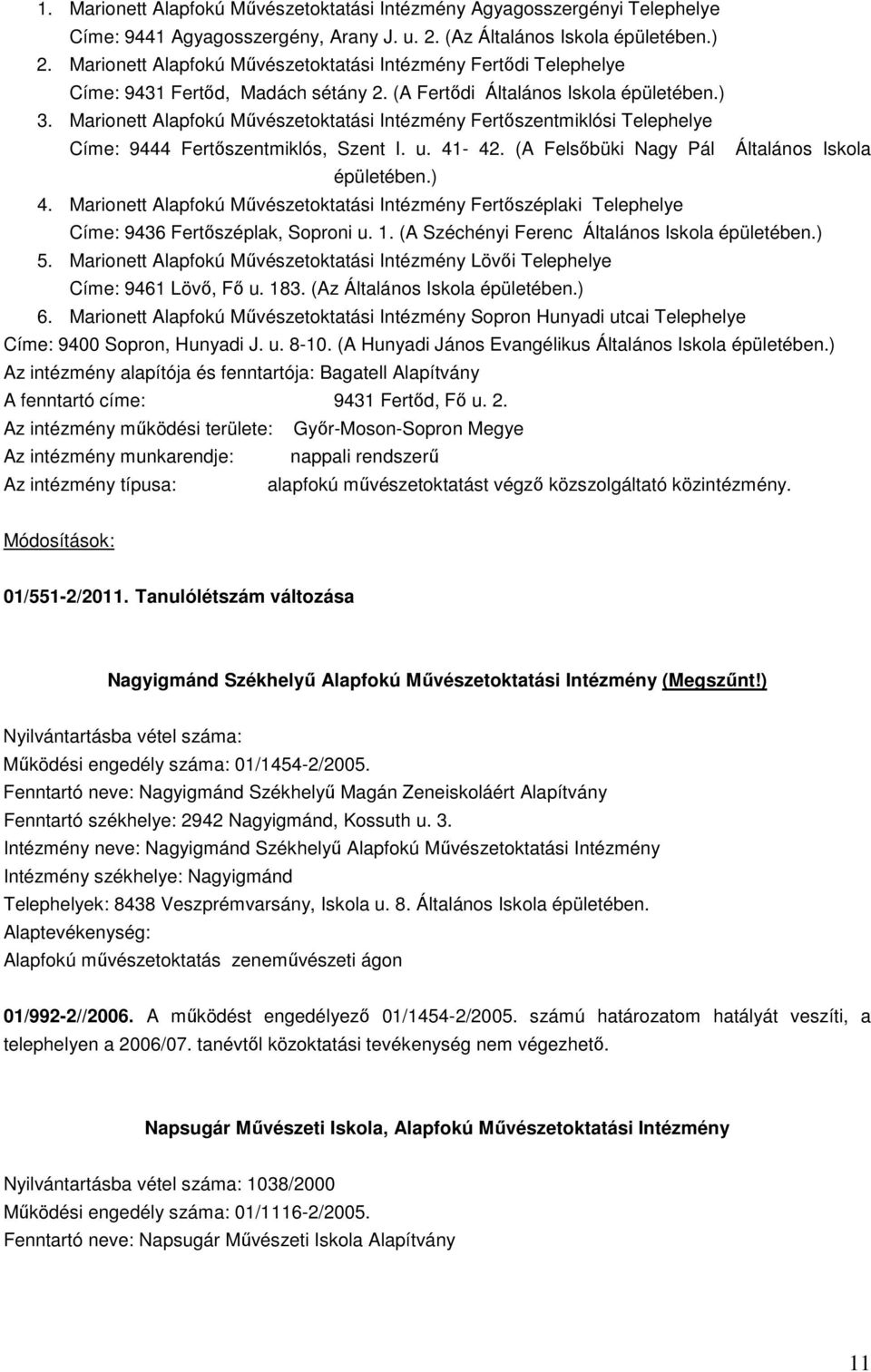 Marionett Alapfokú Művészetoktatási Intézmény Fertőszentmiklósi Telephelye Címe: 9444 Fertőszentmiklós, Szent I. u. 41-42. (A Felsőbüki Nagy Pál Általános Iskola épületében.) 4.