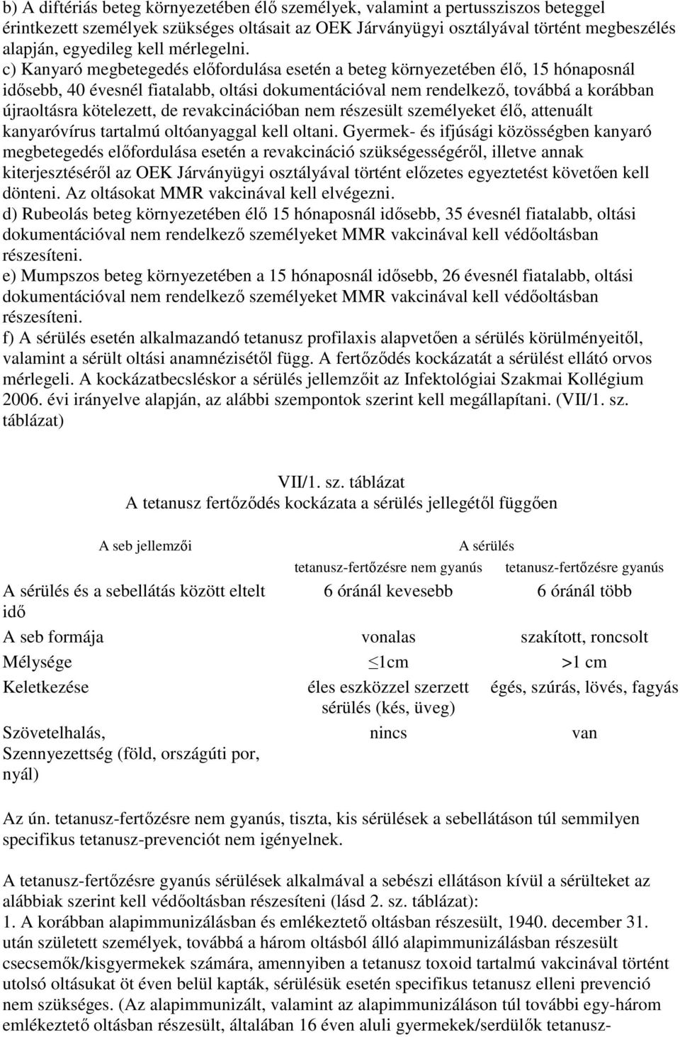 c) Kanyaró megbetegedés elıfordulása esetén a beteg környezetében élı, 15 hónaposnál idısebb, 40 évesnél fiatalabb, oltási dokumentációval nem rendelkezı, továbbá a korábban újraoltásra kötelezett,