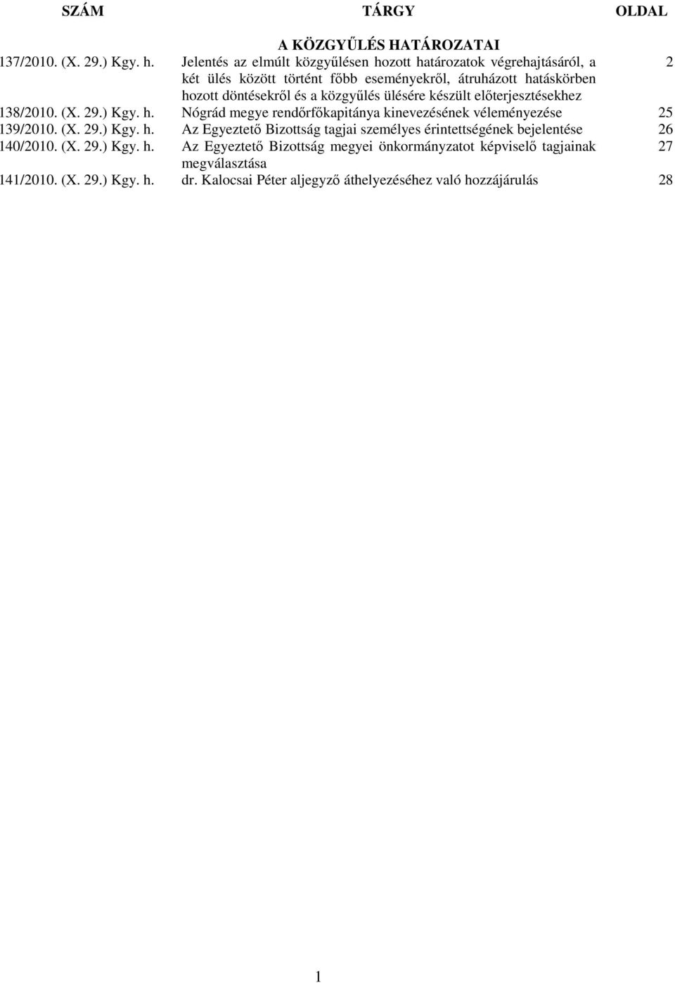 közgyűlés ülésére készült előterjesztésekhez 138/2010. (X. 29.) Kgy. h. Nógrád megye rendőrfőkapitánya kinevezésének véleményezése 25 139/2010. (X. 29.) Kgy. h. Az Egyeztető Bizottság tagjai személyes érintettségének bejelentése 26 140/2010.