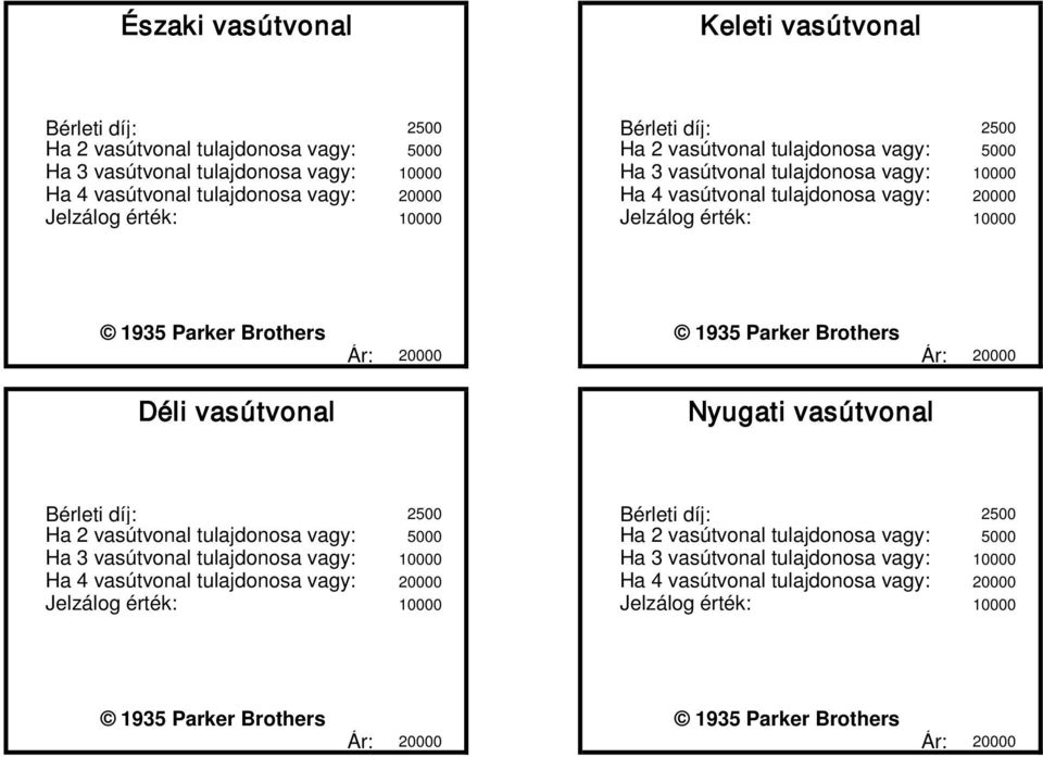 20000 Déli vasútvonal Nyugati vasútvonal Bérleti díj: 2500 Bérleti díj: 2500 Ha 2 vasútvonal tulajdonosa vagy: 5000 Ha 2 vasútvonal tulajdonosa vagy: 5000 Ha 3 vasútvonal tulajdonosa