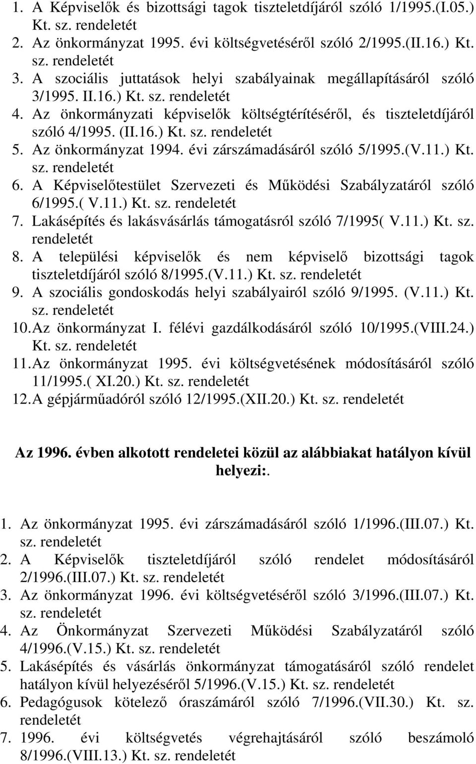 Az önkormányzat 1994. évi zárszámadásáról szóló 5/1995.(V.11.) Kt. sz. 6. A Képviselőtestület Szervezeti és Működési Szabályzatáról szóló 6/1995.( V.11.) Kt. sz. 7.