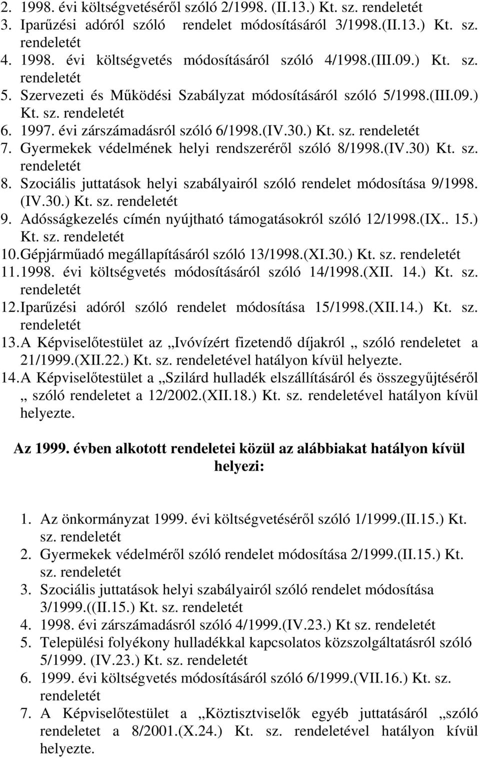 sz. 8. Szociális juttatások helyi szabályairól szóló rendelet módosítása 9/1998. (IV.30.) Kt. sz. 9. Adósságkezelés címén nyújtható támogatásokról szóló 12/1998.(IX.. 15.) Kt. sz. 10.