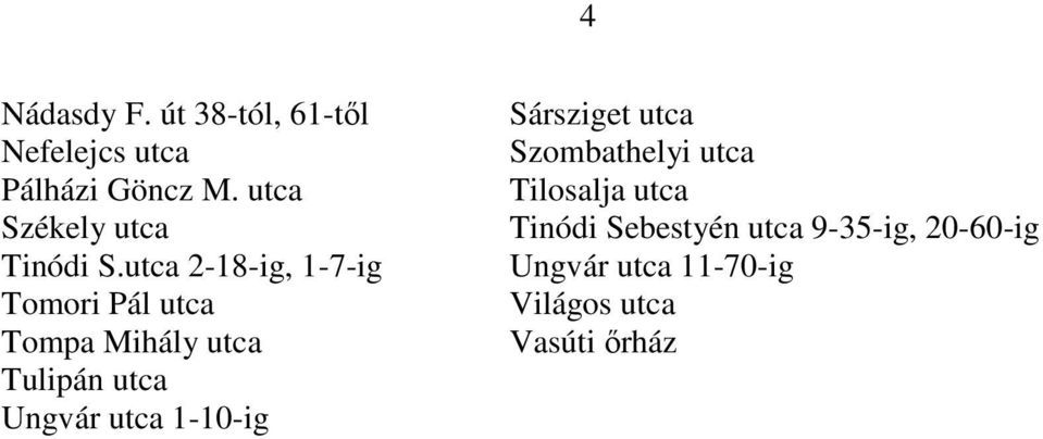 utca 2-18-ig, 1-7-ig Tomori Pál utca Tompa Mihály utca Tulipán utca Ungvár