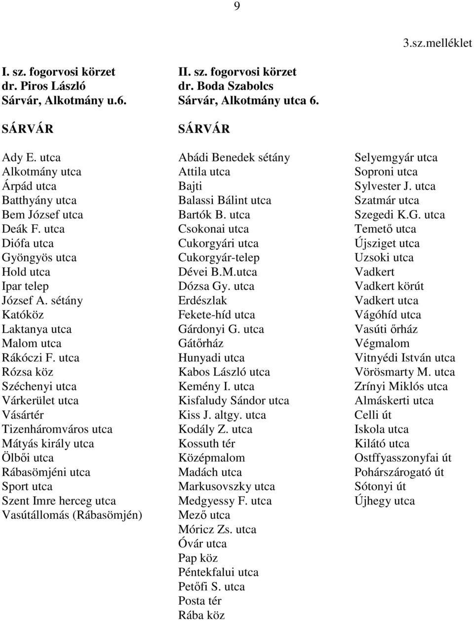 utca Szegedi K.G. utca Deák F. utca Csokonai utca Temető utca Diófa utca Cukorgyári utca Újsziget utca Gyöngyös utca Cukorgyár-telep Uzsoki utca Hold utca Dévei B.M.utca Vadkert Ipar telep Dózsa Gy.