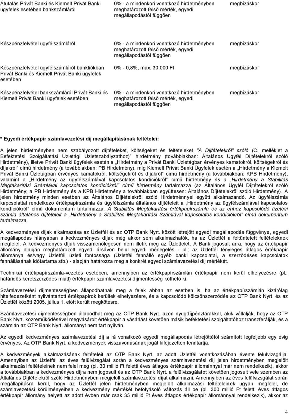 000 Ft Készpénzfelvétel bankszámláról Privát Banki és Kiemelt Privát Banki ügyfelek esetében * Egyedi értékpapír számlavezetési díj megállapításának feltételei: A jelen hirdetményben nem szabályozott