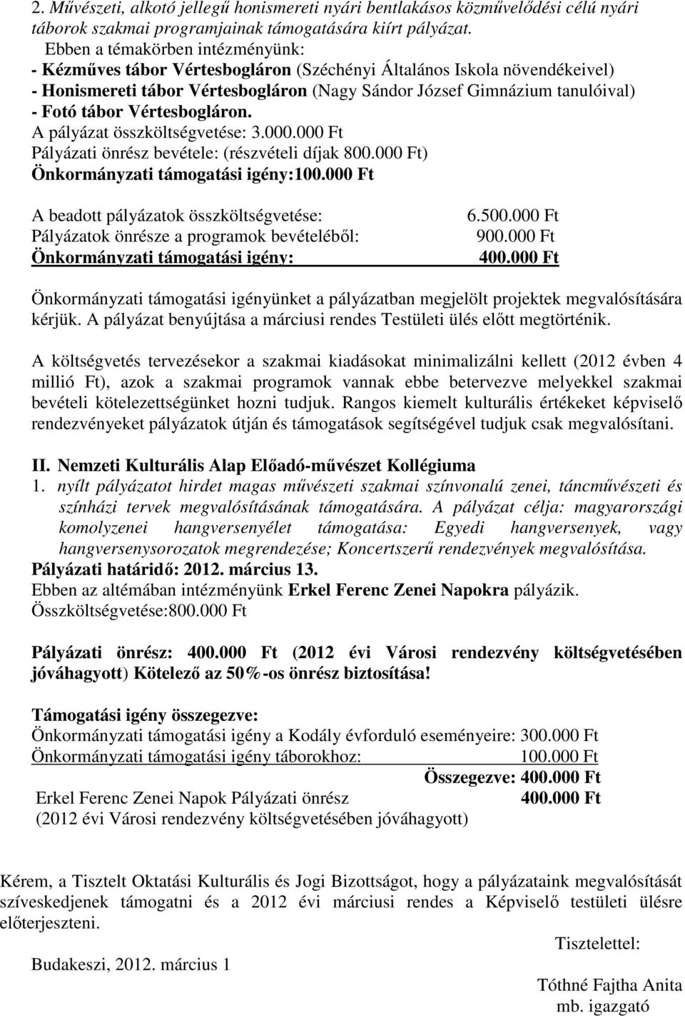 A pályázat összköltségvetése: 3.000.000 Ft Pályázati önrész bevétele: (részvételi díjak 800.000 Ft) Önkormányzati támogatási igény:100.