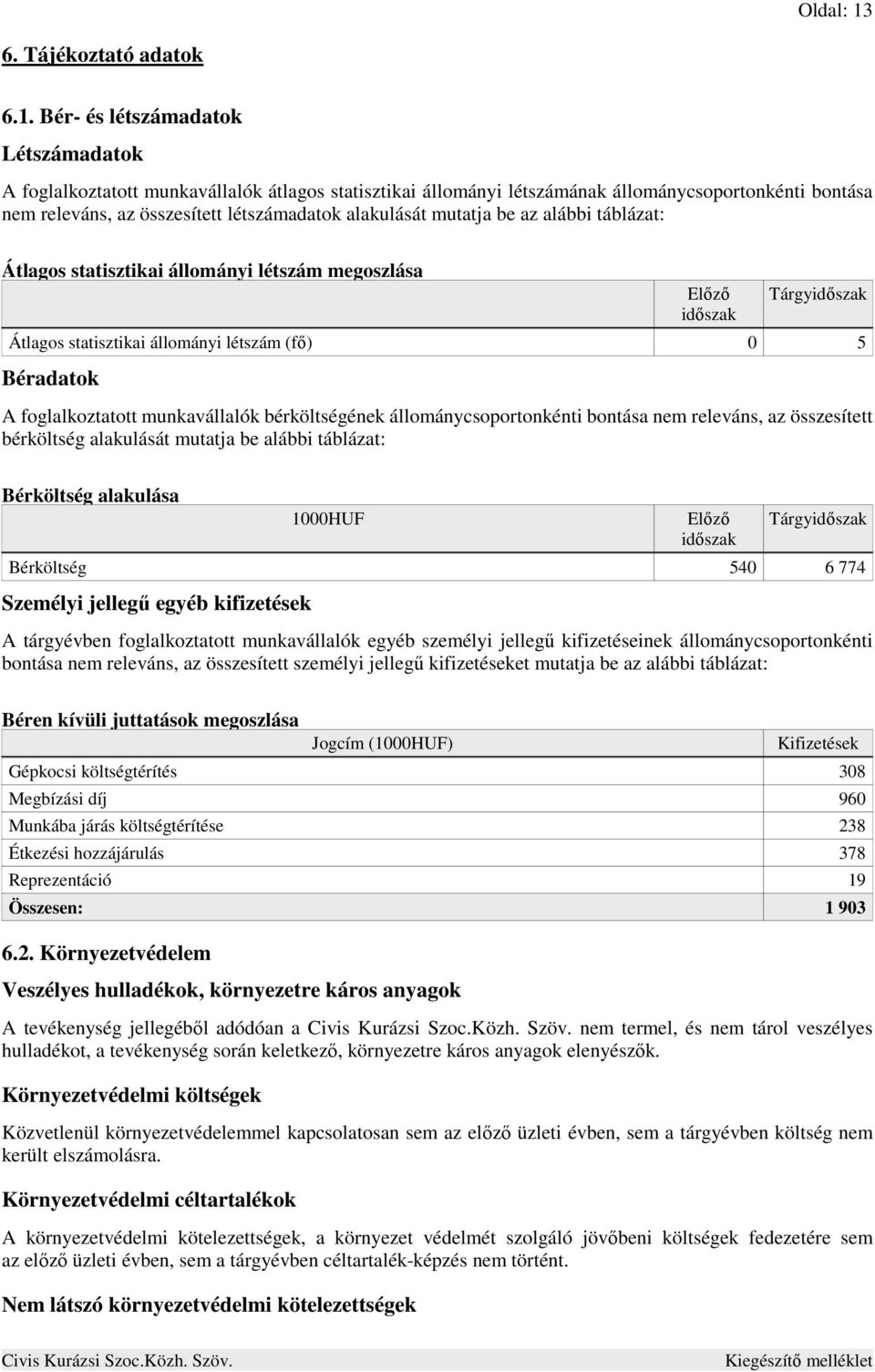 Bér- és létszámadatok Létszámadatok A foglalkoztatott munkavállalók átlagos statisztikai állományi létszámának állománycsoportonkénti bontása nem releváns, az összesített létszámadatok alakulását