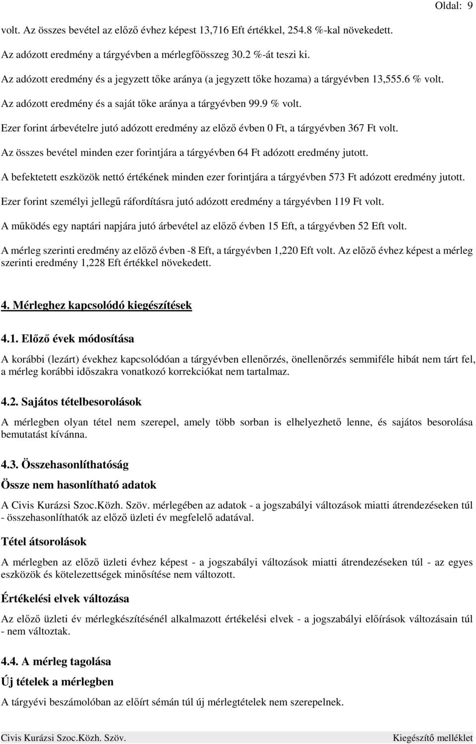 Ezer forint árbevételre jutó adózott eredmény az előző évben 0 Ft, a tárgyévben 367 Ft volt. Az összes bevétel minden ezer forintjára a tárgyévben 64 Ft adózott eredmény jutott.