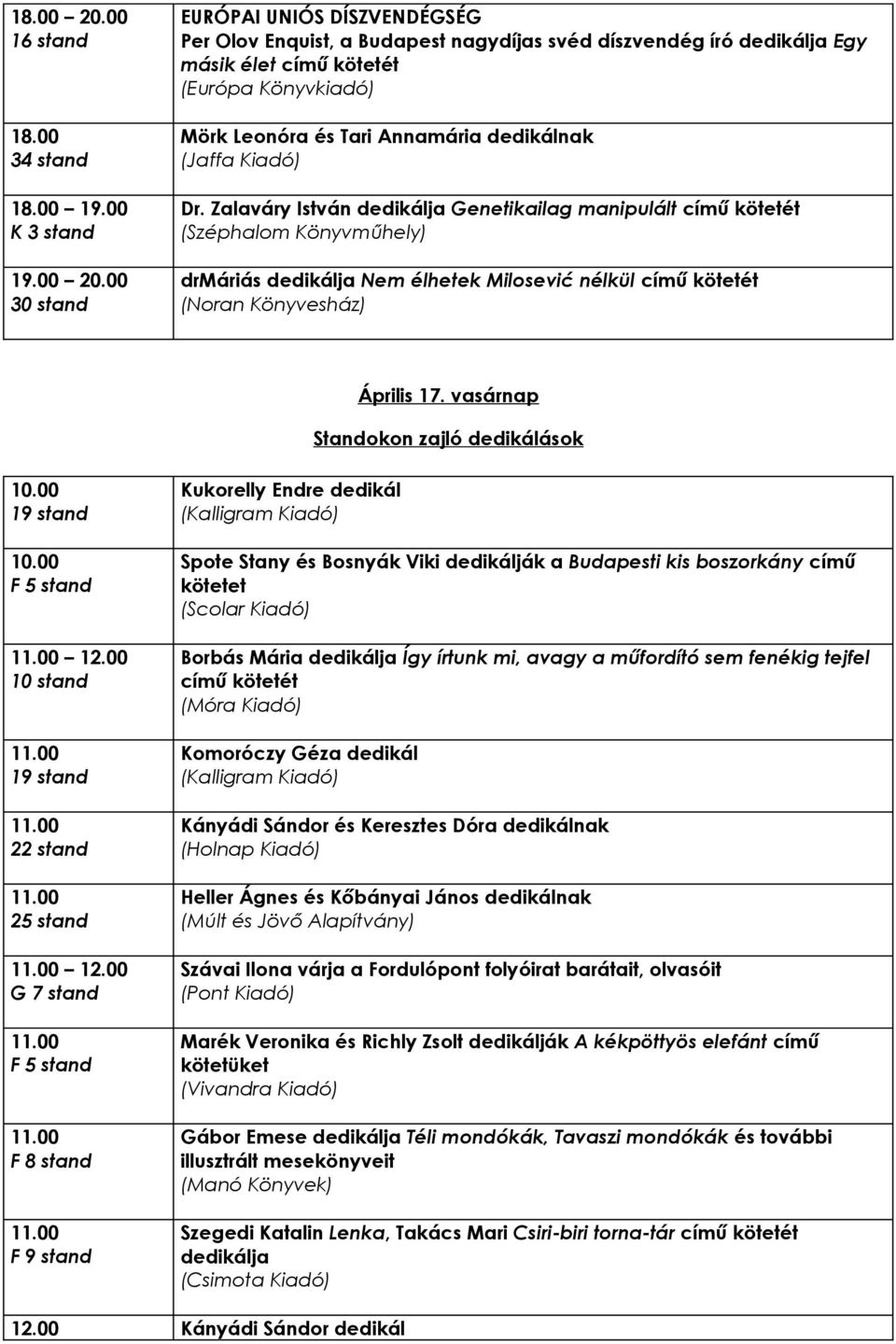vasárnap Standokon zajló dedikálások 10.00 10.00 12.00 22 stand 25 stand 12.