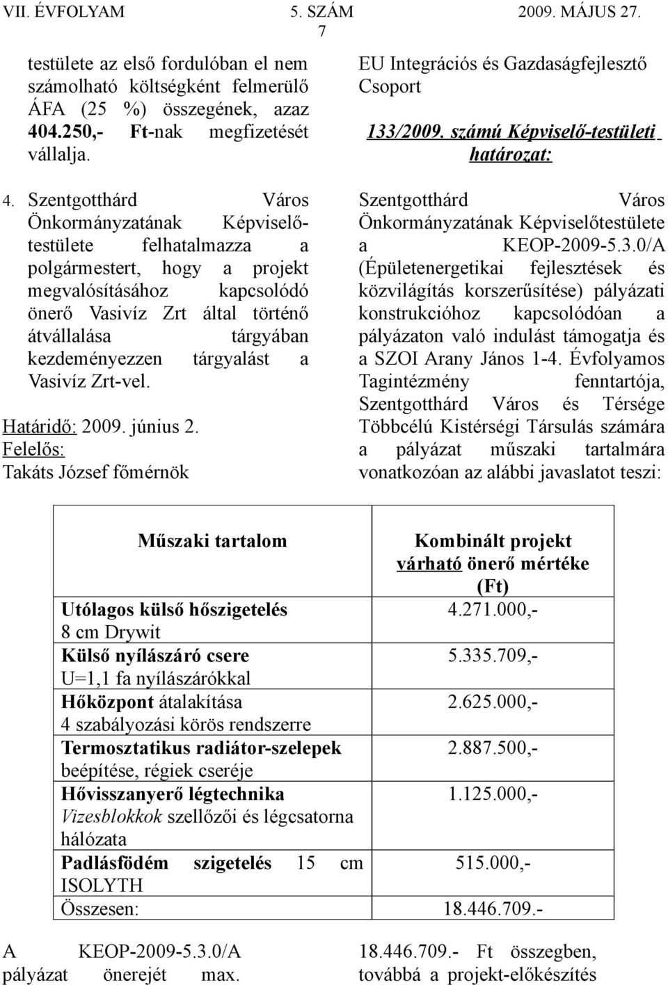 felhatalmazza a polgármestert, hogy a projekt megvalósításához kapcsolódó önerő Vasivíz Zrt által történő átvállalása tárgyában kezdeményezzen tárgyalást a Vasivíz Zrt-vel. Határidő: 2009. június 2.