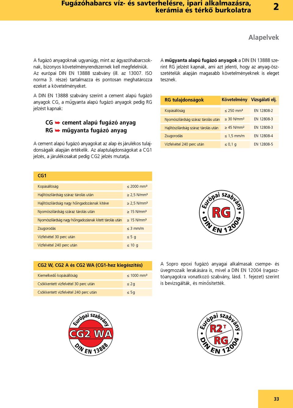 A DIN EN 13888 szabvány szerint a cement alapú fugázó anyagok CG, a műgyanta alapú fugázó anyagok pedig RG jelzést kapnak: A műgyanta alapú fugázó anyagok a DIN EN 13888 szerint RG jelzést kapnak,