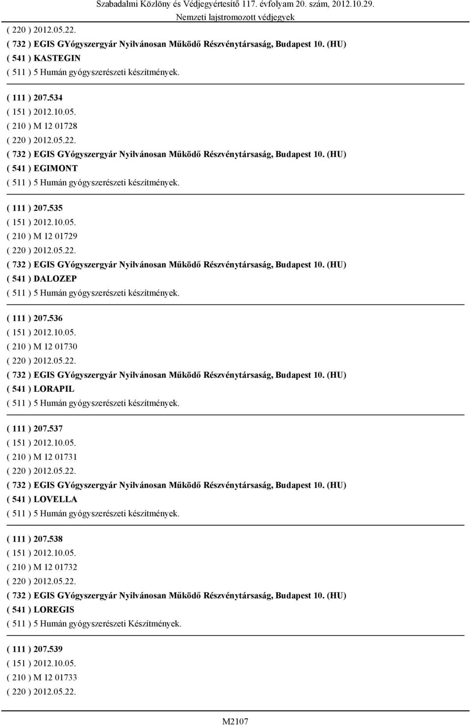 535 ( 210 ) M 12 01729 ( 220 ) 2012.05.22. ( 732 ) EGIS GYógyszergyár Nyilvánosan Működő Részvénytársaság, Budapest 10. (HU) ( 541 ) DALOZEP ( 511 ) 5 Humán gyógyszerészeti készítmények. ( 111 ) 207.