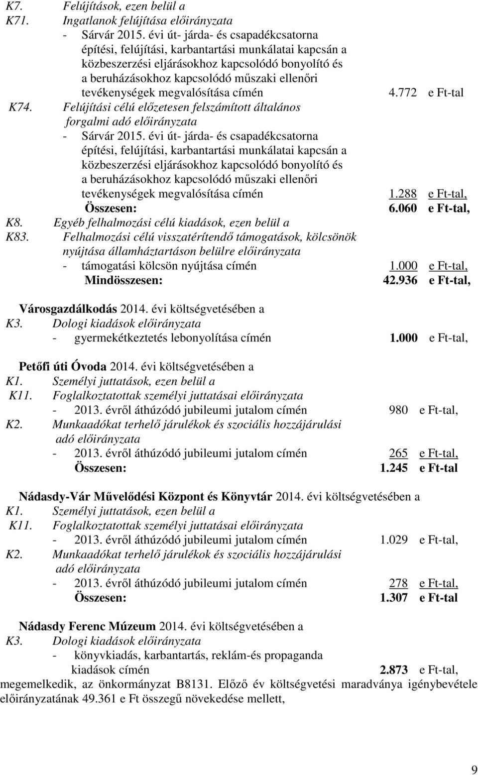 tevékenységek megvalósítása címén K74. Felújítási célú előzetesen felszámított általános - Sárvár 2015.  tevékenységek megvalósítása címén K8. Egyéb felhalmozási célú kiadások, ezen belül a K83.