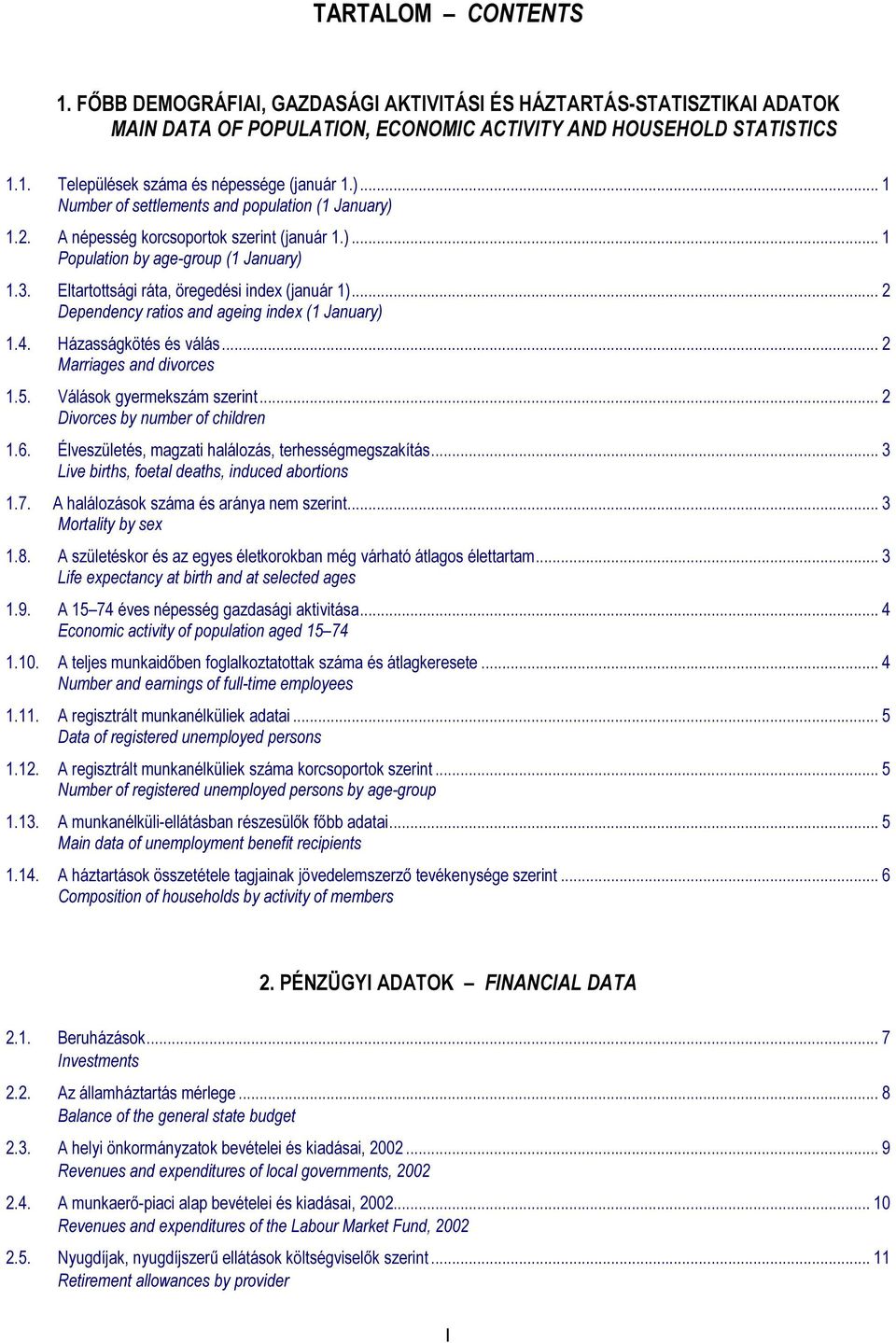 .. 2 Dependency ratios and ageing index (1 January) 1.4. Házasságkötés és válás... 2 Marriages and divorces 1.5. Válások gyermekszám szerint... 2 Divorces by number of children 1.6.