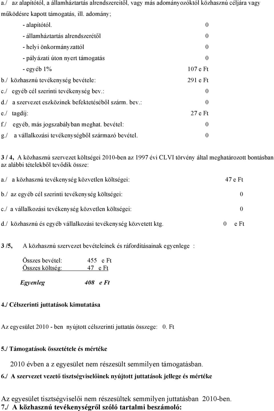 / egyéb cél szerinti tevékenység bev.: 0 d./ a szervezet eszközinek befektetéséből szárm. bev.: 0 e./ tagdíj: 27 e Ft f./ egyéb, más jogszabályban meghat. bevétel: 0 g.