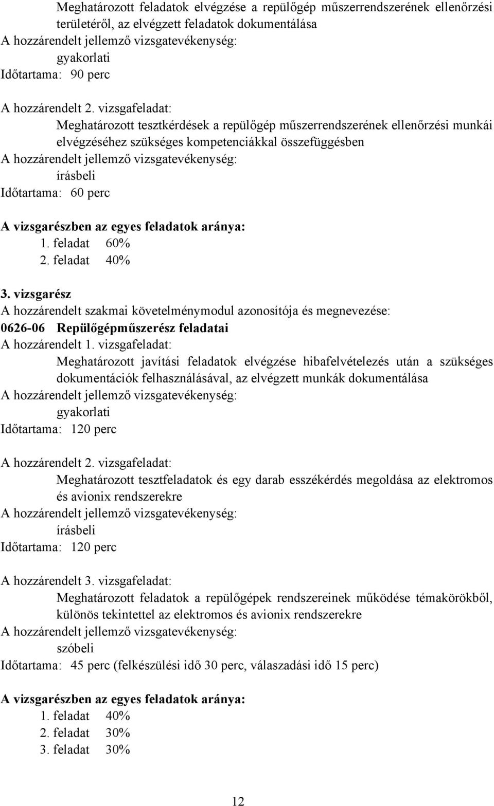 egyes feladatok aránya: 1. feladat 60% 2. feladat 40% 3. vizsgarész A hozzárendelt szakmai követelménymodul azonosítója és megnevezése: 0626-06 Repülőgépműszerész feladatai A hozzárendelt 1.